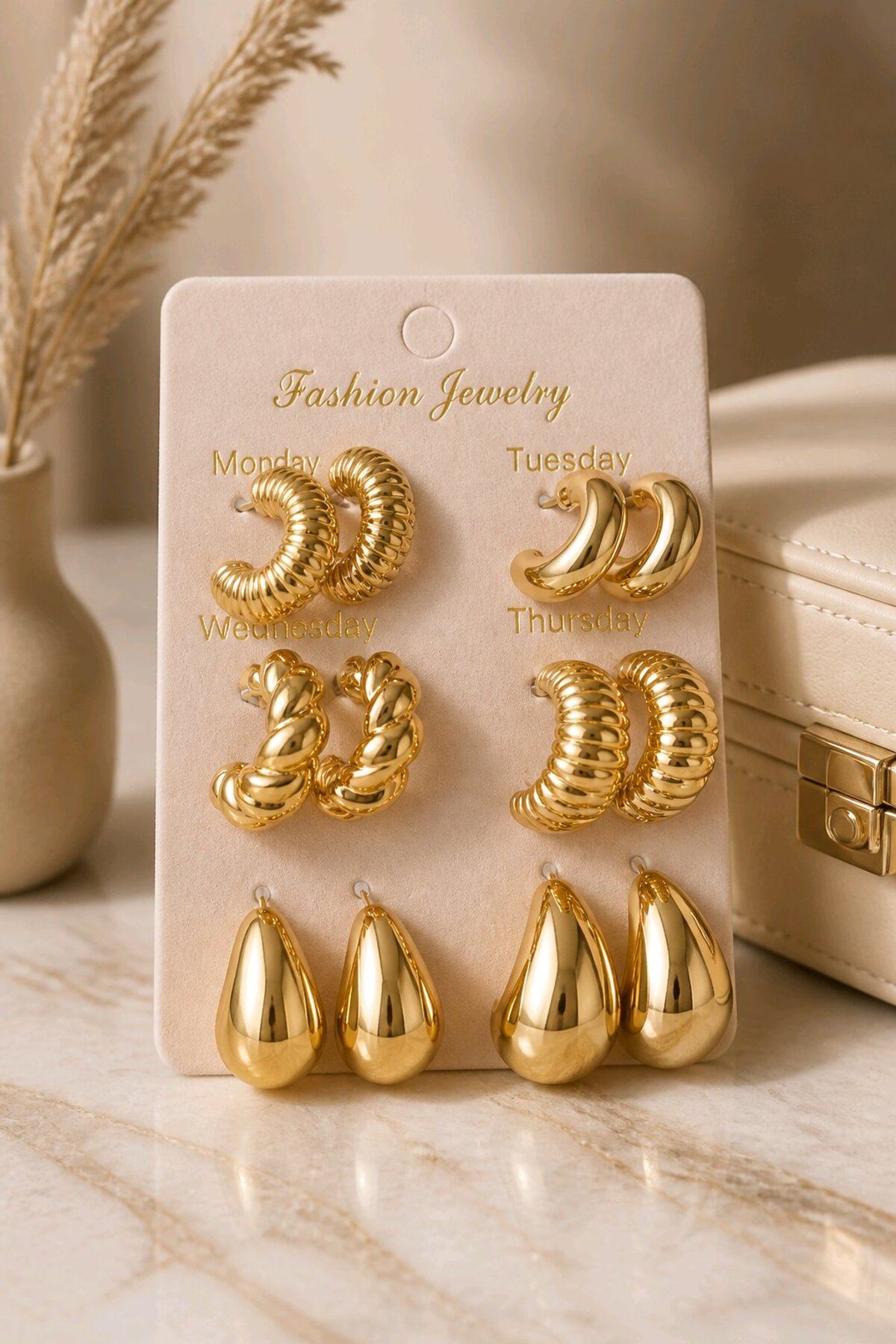 6 Çift Gold Basic Halka Küpe Seti, Çok Hafif