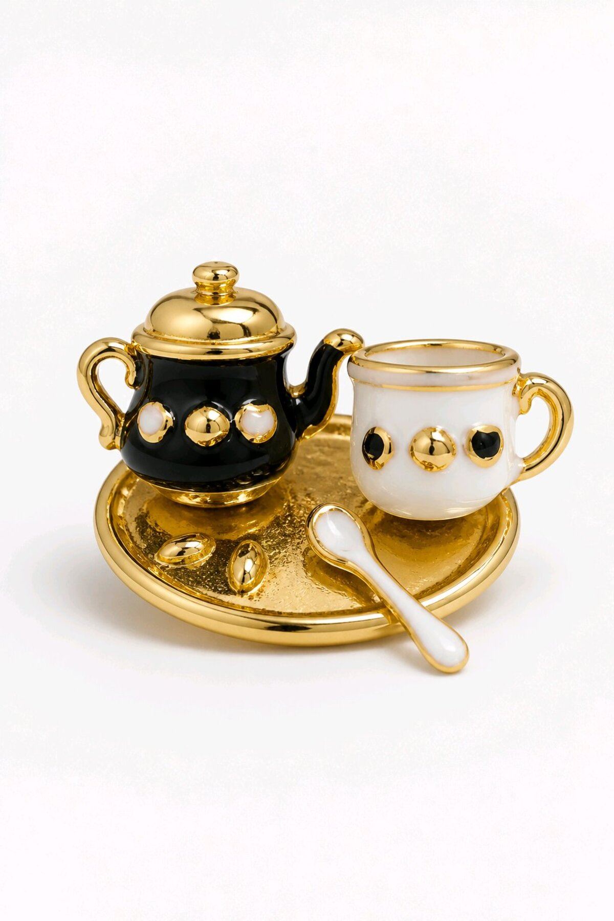 Siyah Gold Fincan Demlik Broş, Yaka Broşu, Çanta Broşu
