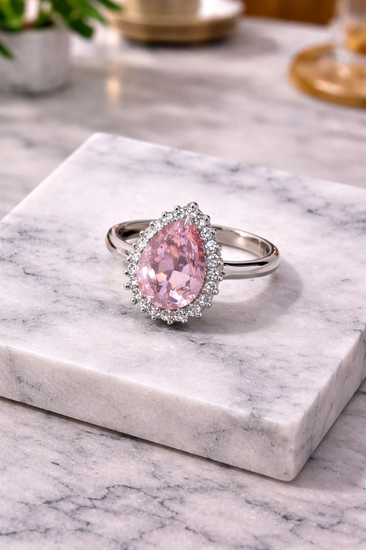 Çelik Gümüş Zirkon Pembe Taşlı Tektaş Yüzük, Ayarlanabilir