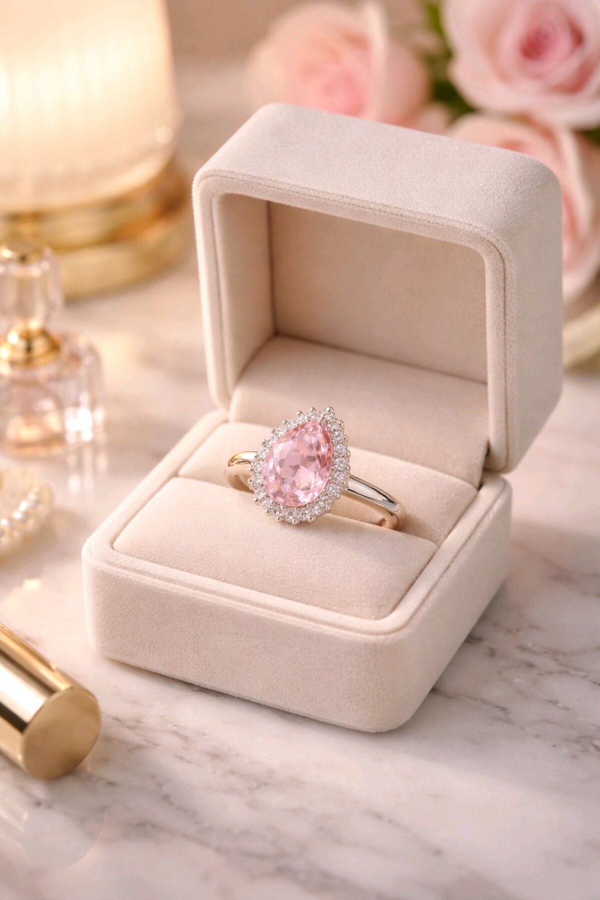 Çelik Gümüş Zirkon Pembe Taşlı Tektaş Yüzük, Ayarlanabilir