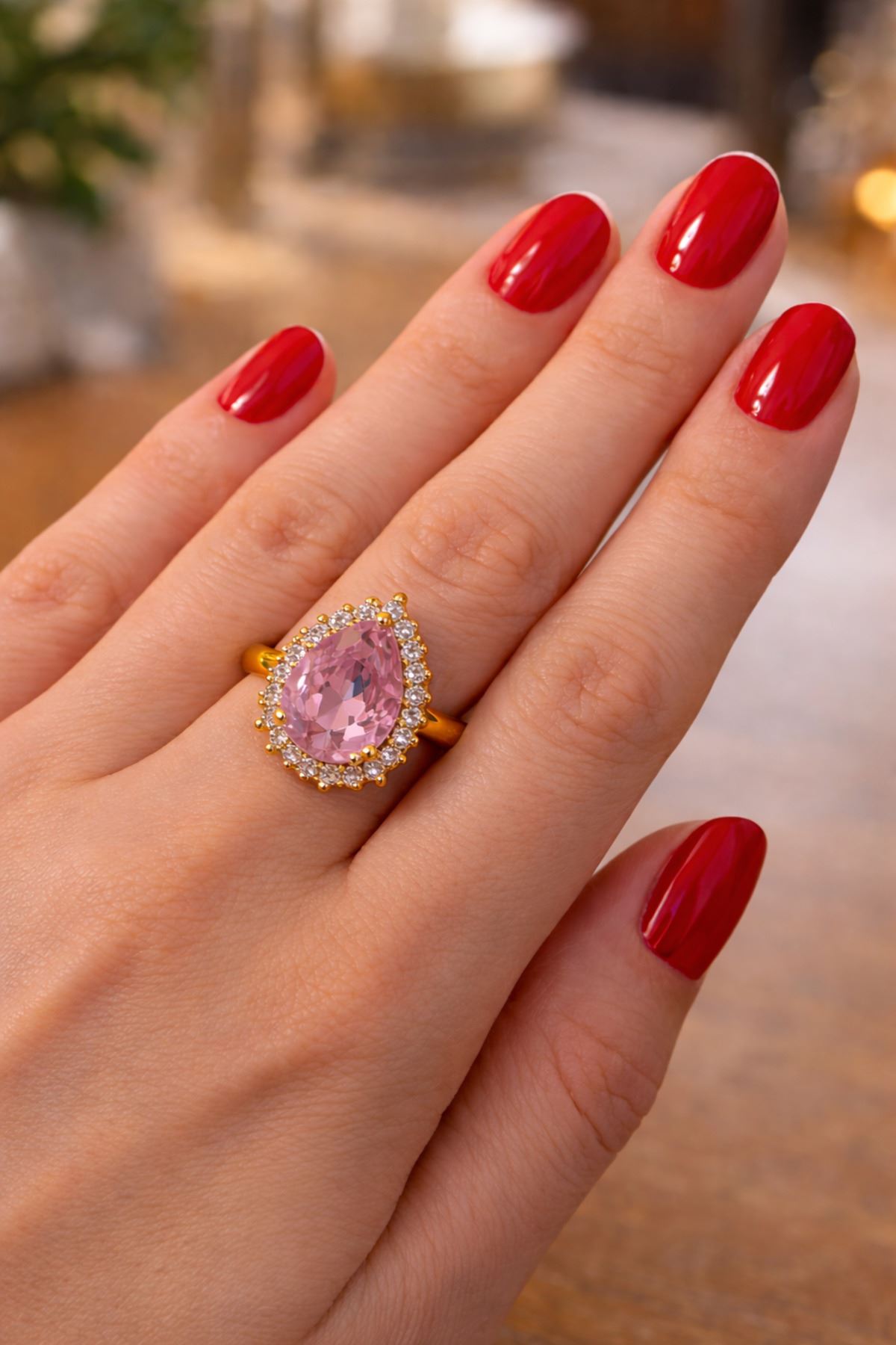 Çelik Gold Zirkon Pembe Taşlı Tektaş Yüzük, Ayarlanabilir