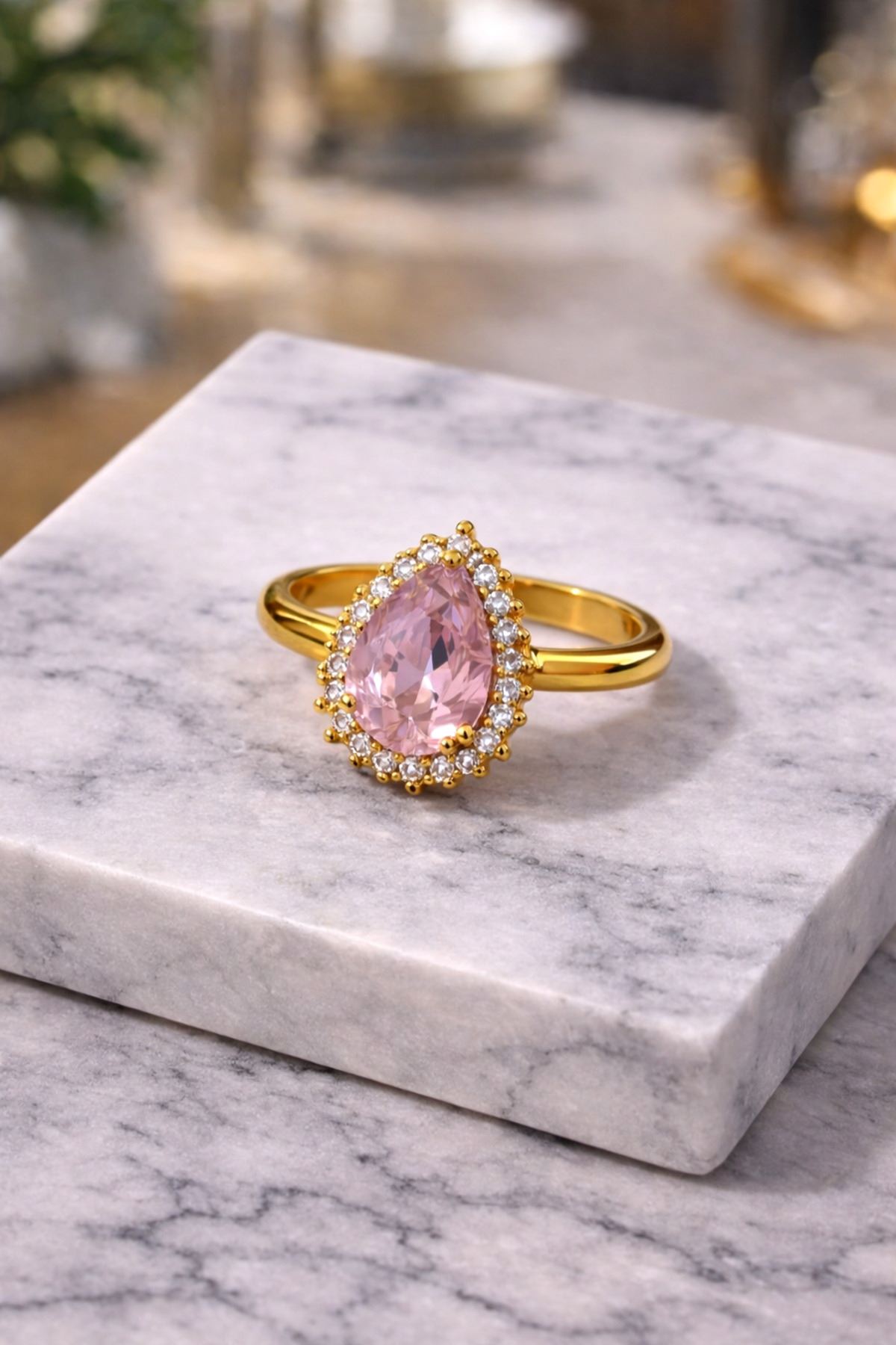 Çelik Gold Zirkon Pembe Taşlı Tektaş Yüzük, Ayarlanabilir