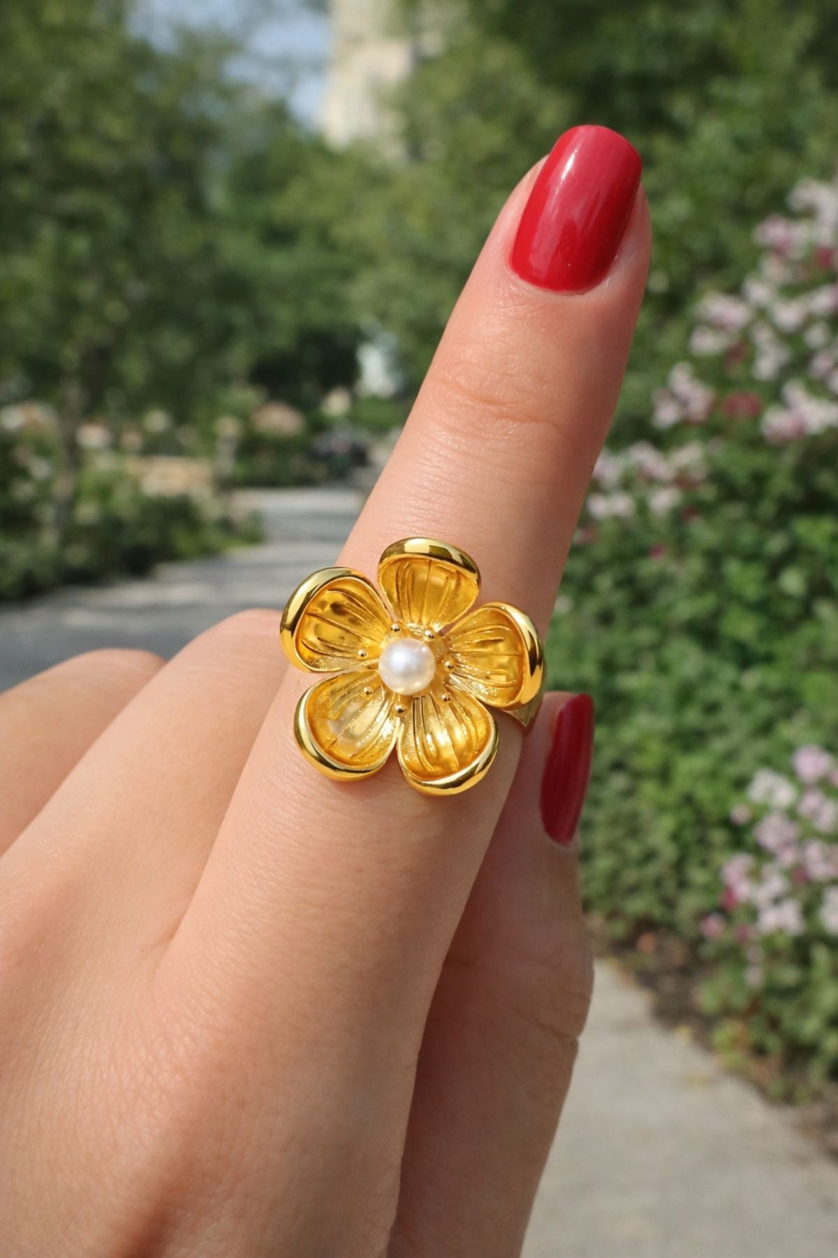 Çelik Gold İnci Çiçek Yüzük, Ayarlanabilir