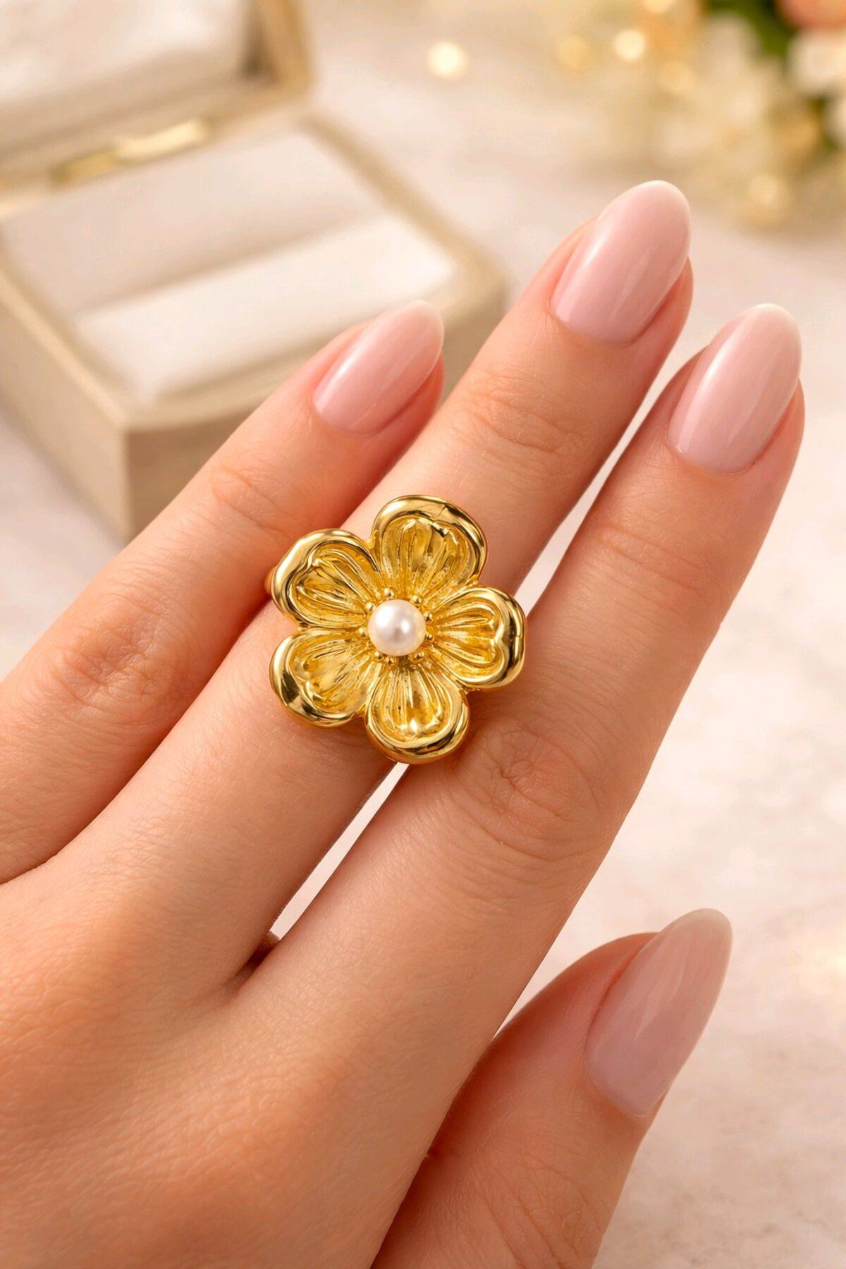 Çelik Gold İnci Çiçek Yüzük, Ayarlanabilir