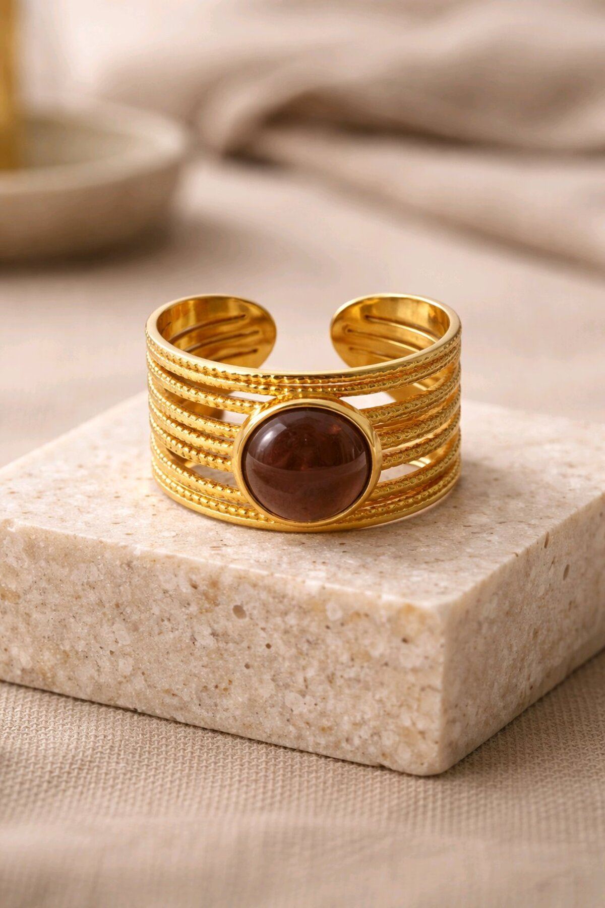 Çelik Gold Kahverengi Doğal Taş Yüzük, Ayarlanabilir