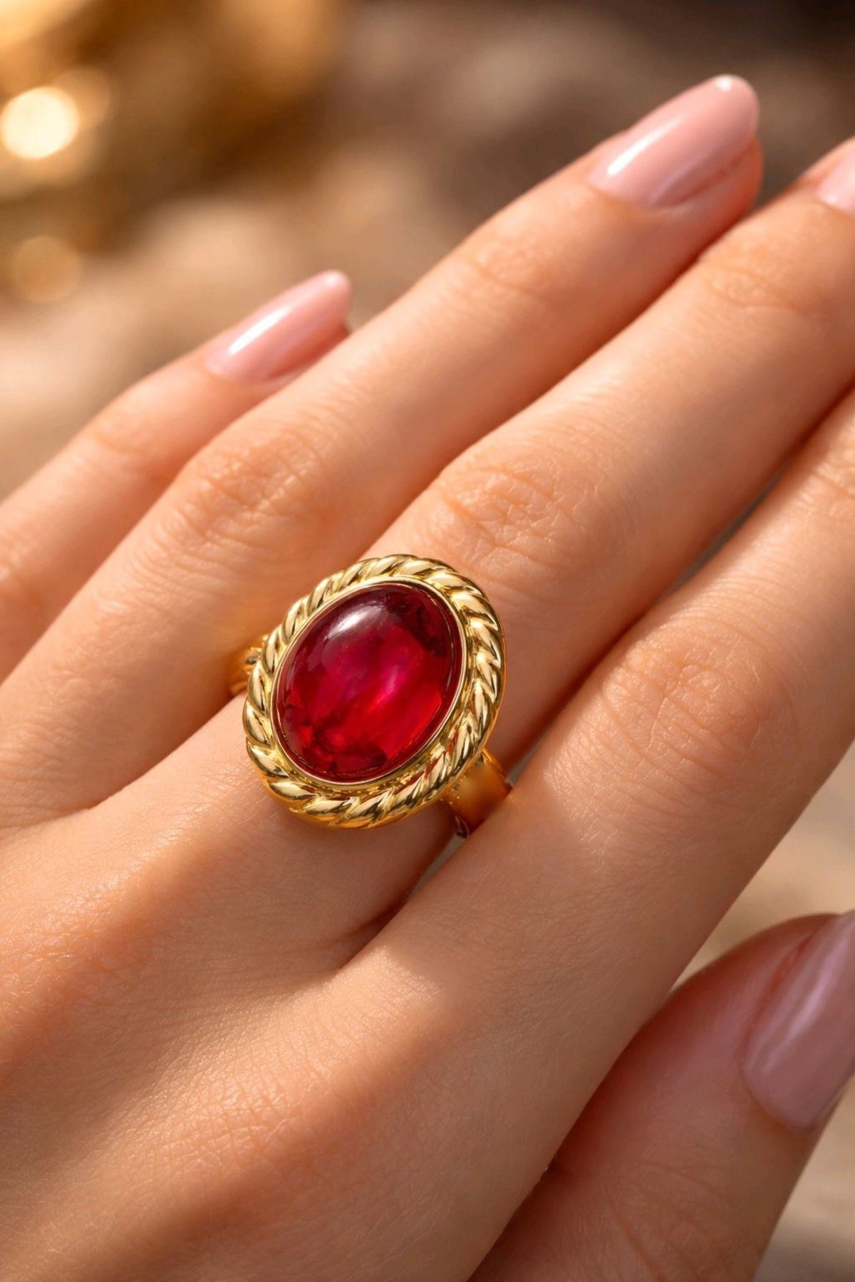 Çelik Gold Kırmızı Taşlı Oval Yüzük, Ayarlanabilir