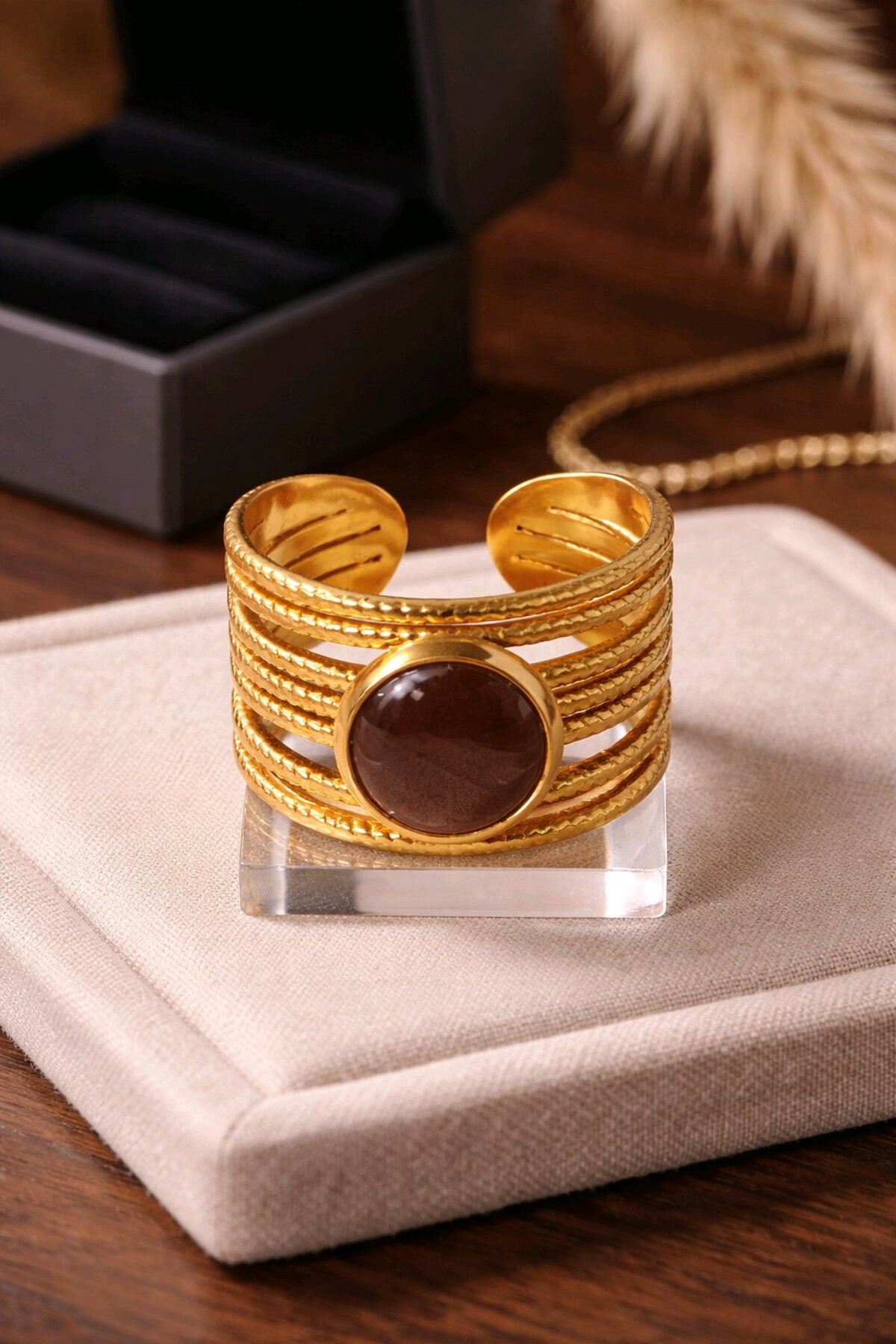 Çelik Gold Kahverengi Doğal Taş Yüzük, Ayarlanabilir