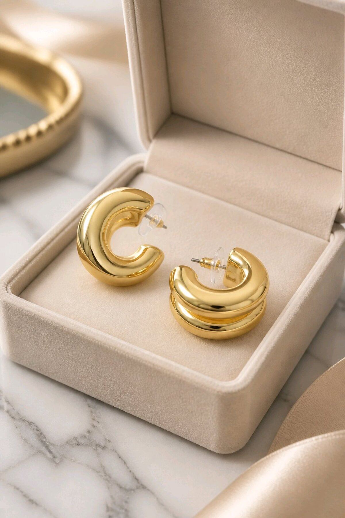 Gold Çiftli Halka İthal Küpe
