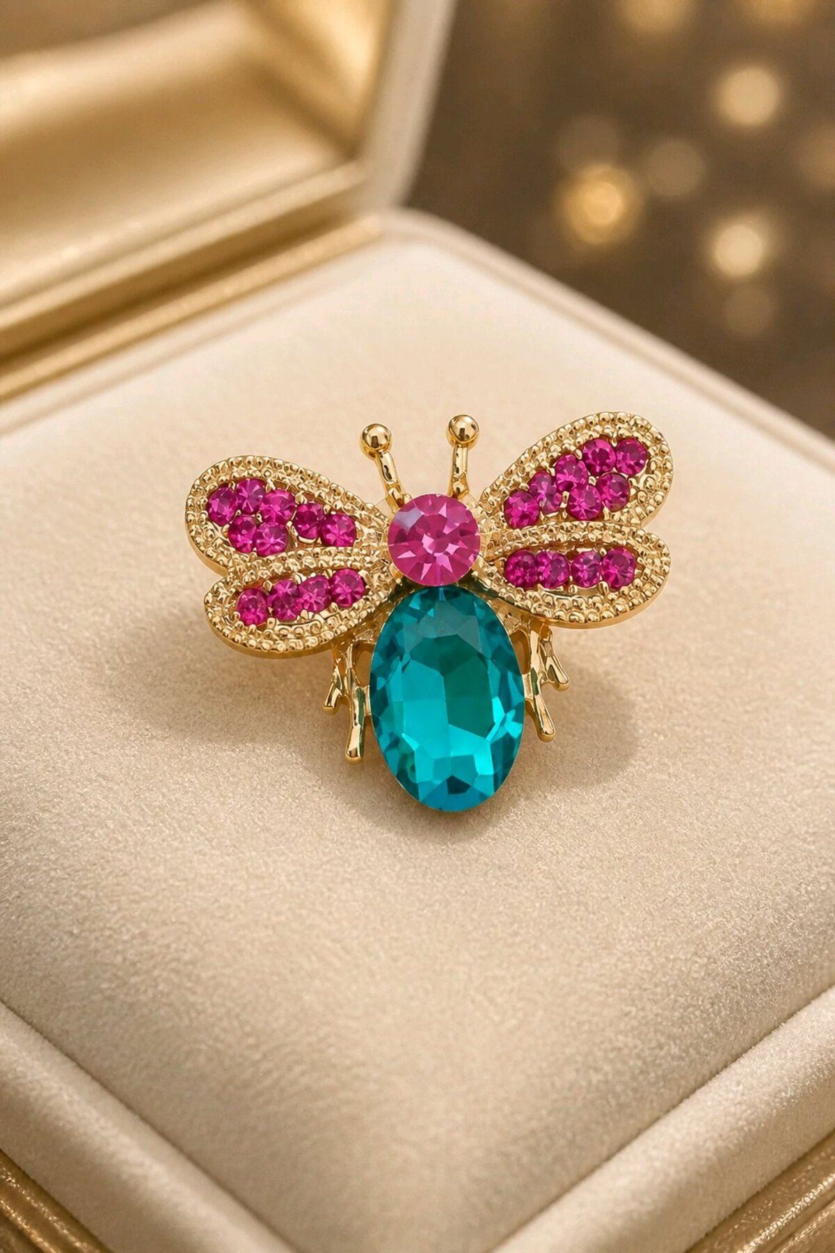 Pembe Mavi Taşlı Kelebek Gold Broş, Yaka Broşu, Çanta Broşu