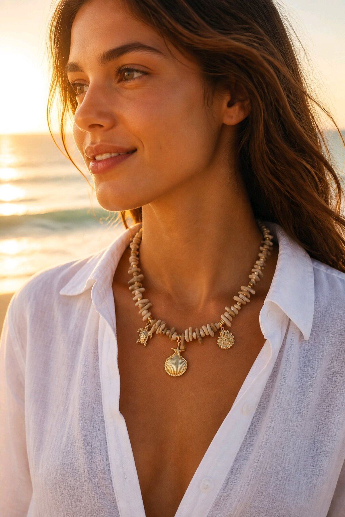 Krem Boncuklu Midye Kolye, (40+7cm)