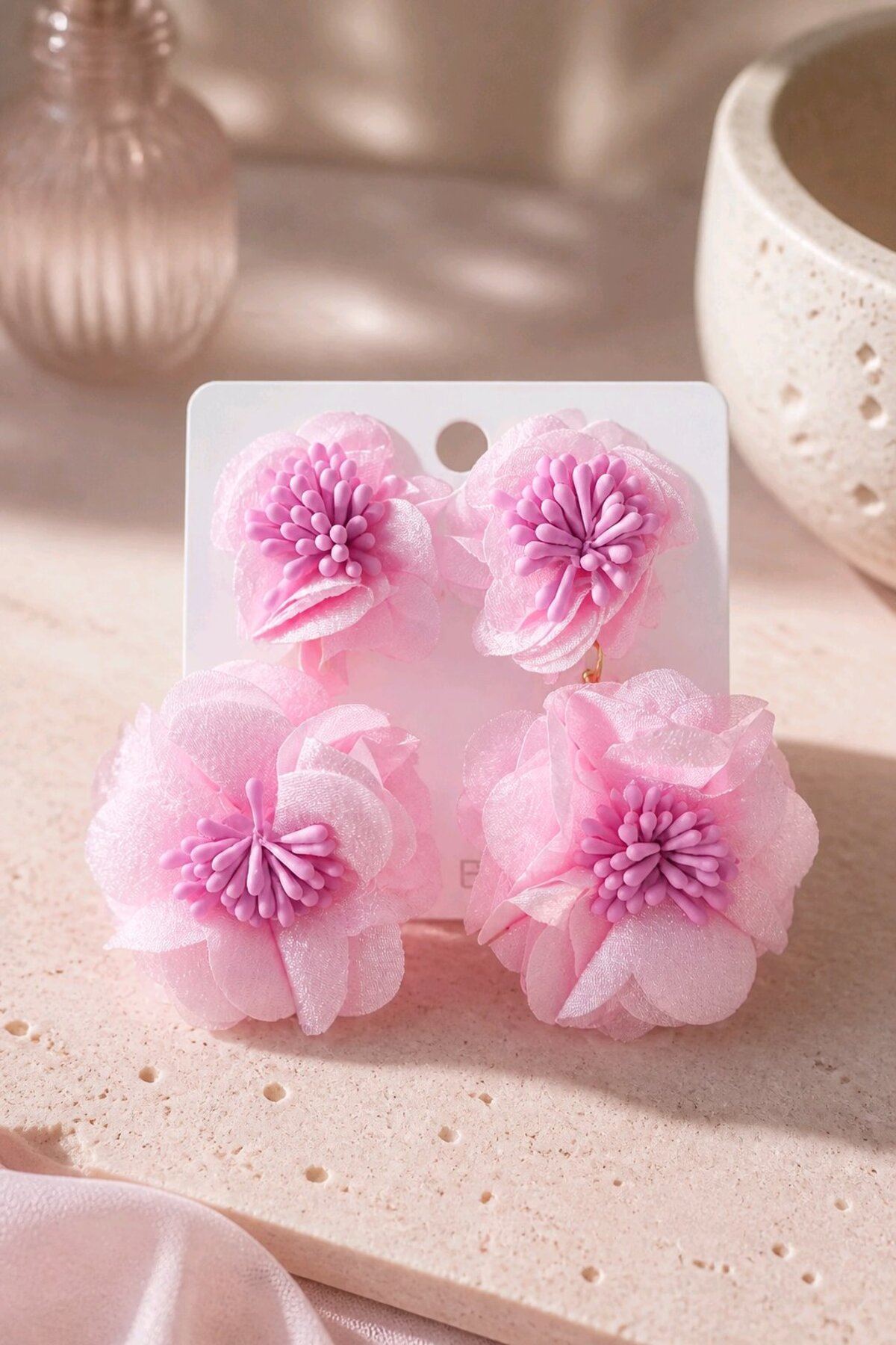 Pembe Kumaş Sallantılı Küpe, Uzunluk:8cm