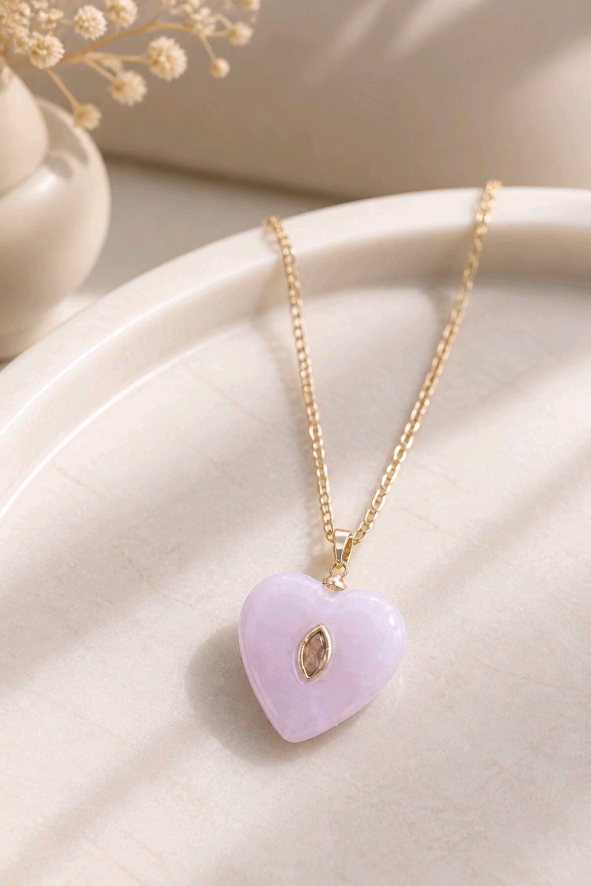 Gold Çelik Pembe Kalp Uçlu Kolye, 40+5cm