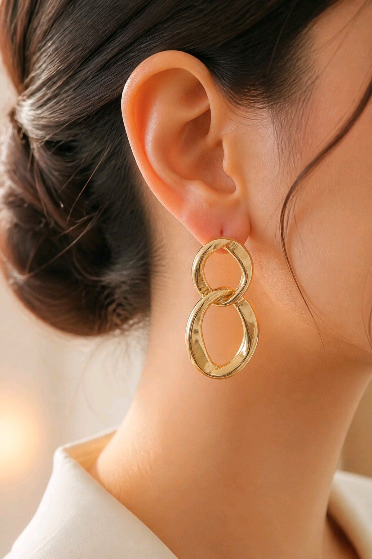 Gold Çift Halka Sallantılı Küpe, Uzunluk:4,5cm