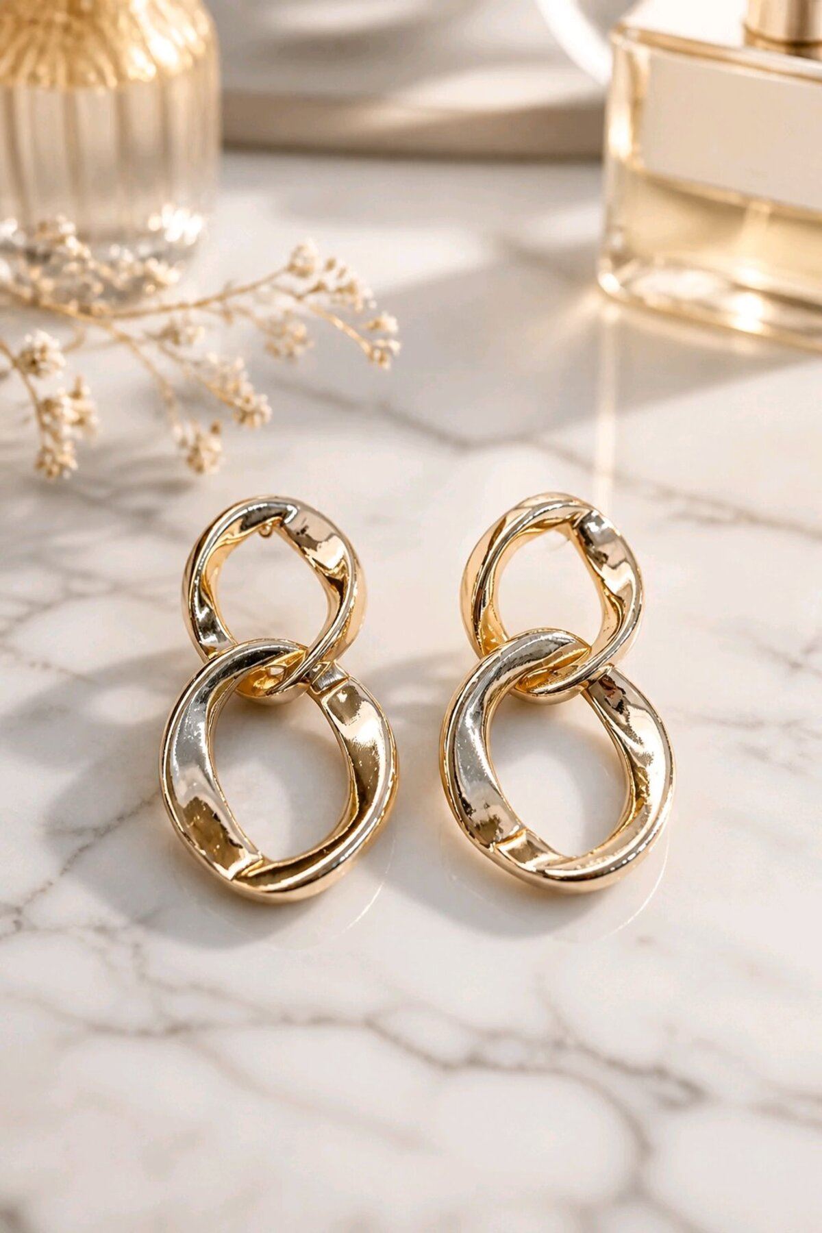 Gold Çift Halka Sallantılı Küpe, Uzunluk:4,5cm