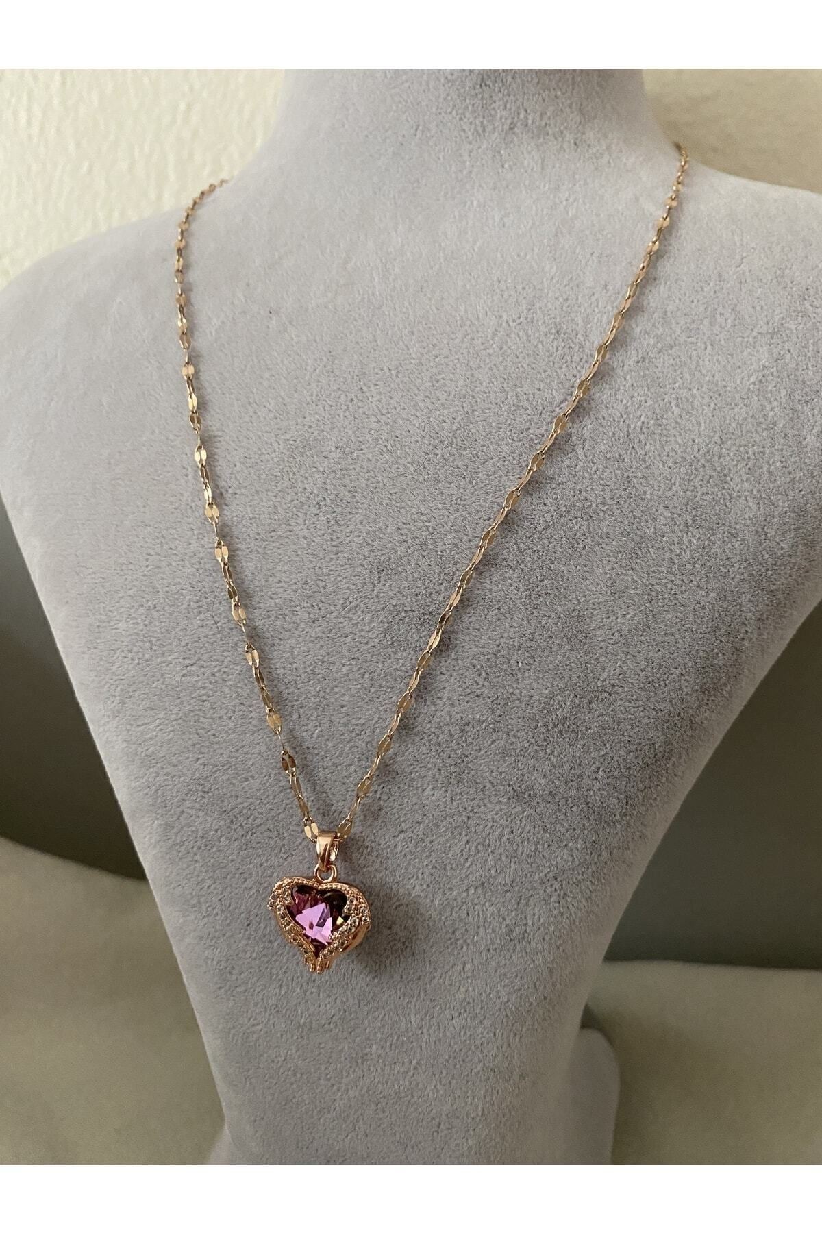 Kalp Vintage Model Parlak Camlı Zirkon Taşlı Gold Antialerjik Paslanmaz Çelik Kolye