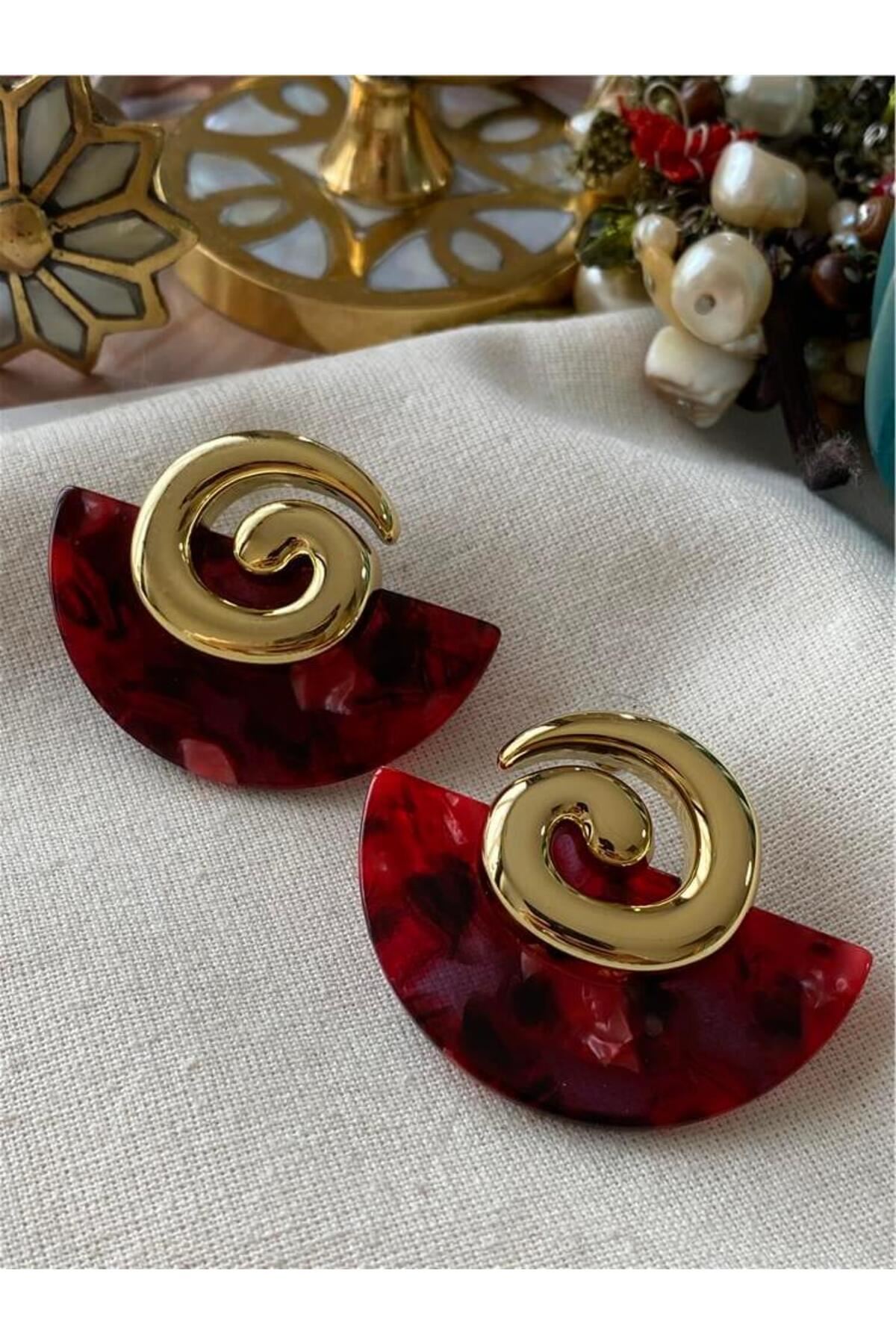 Gold Sarmal Bordo Yelpaze Küpe, Hafif