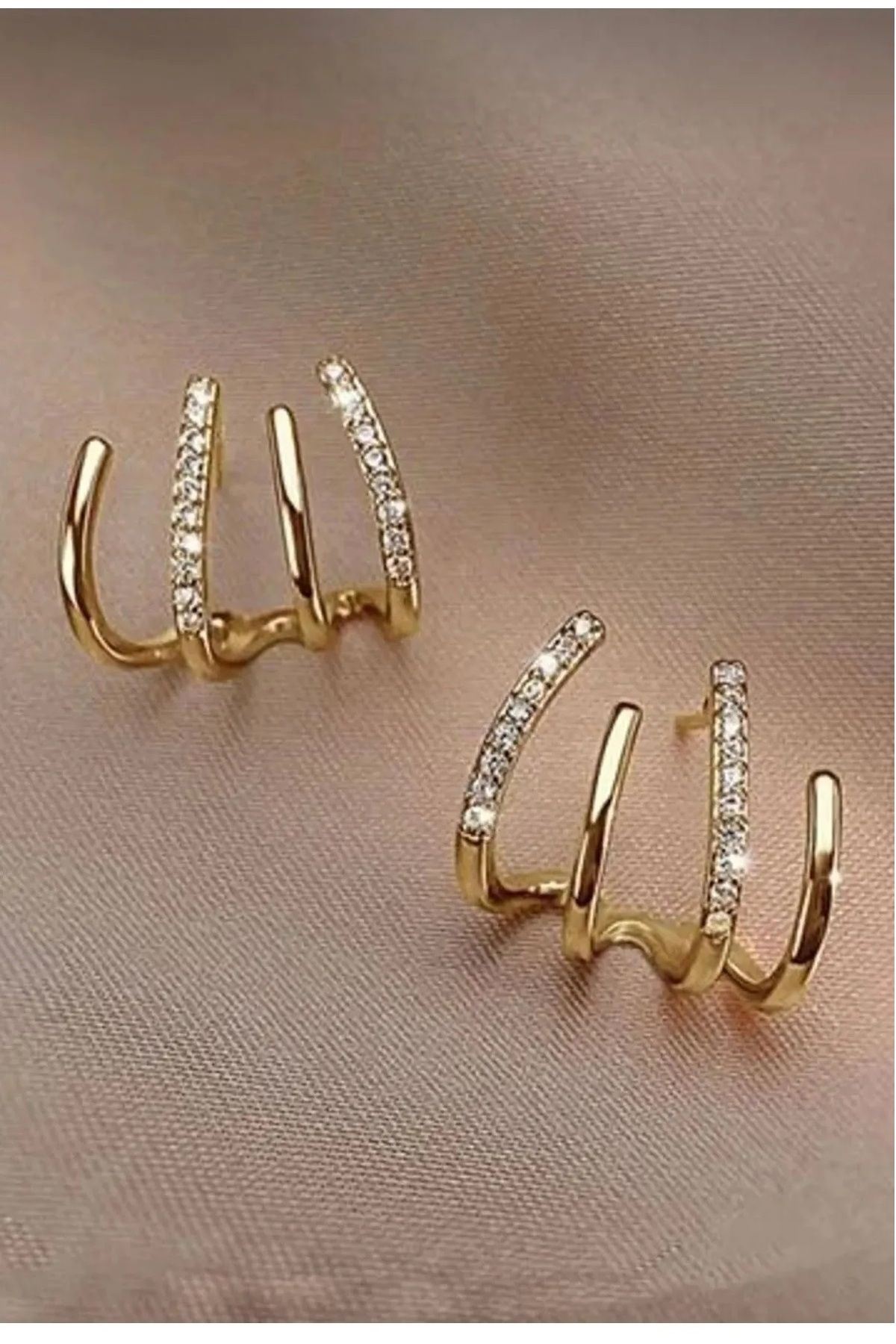 Gold Kristal Taşlı Çoklu Görünümlü Küpe