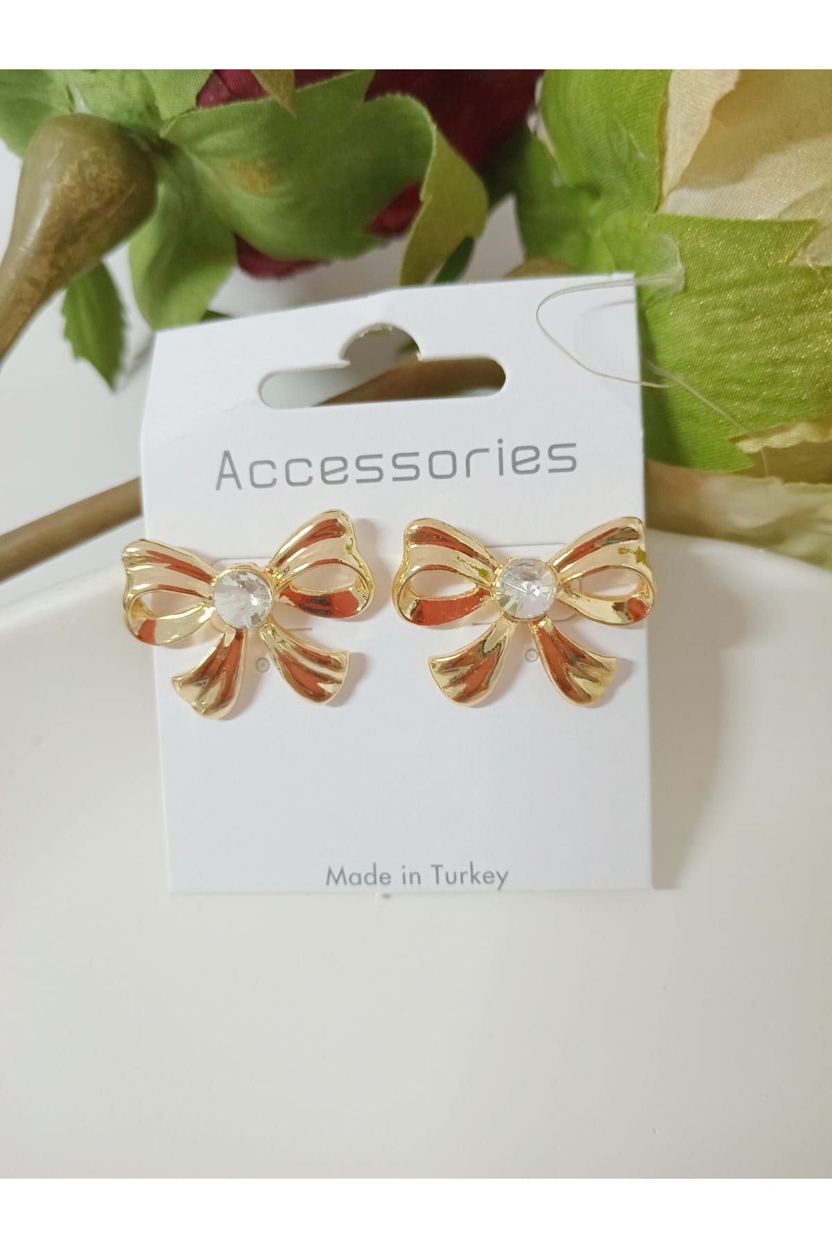 Fiyonk Kristal Taşlı Gold Küpe