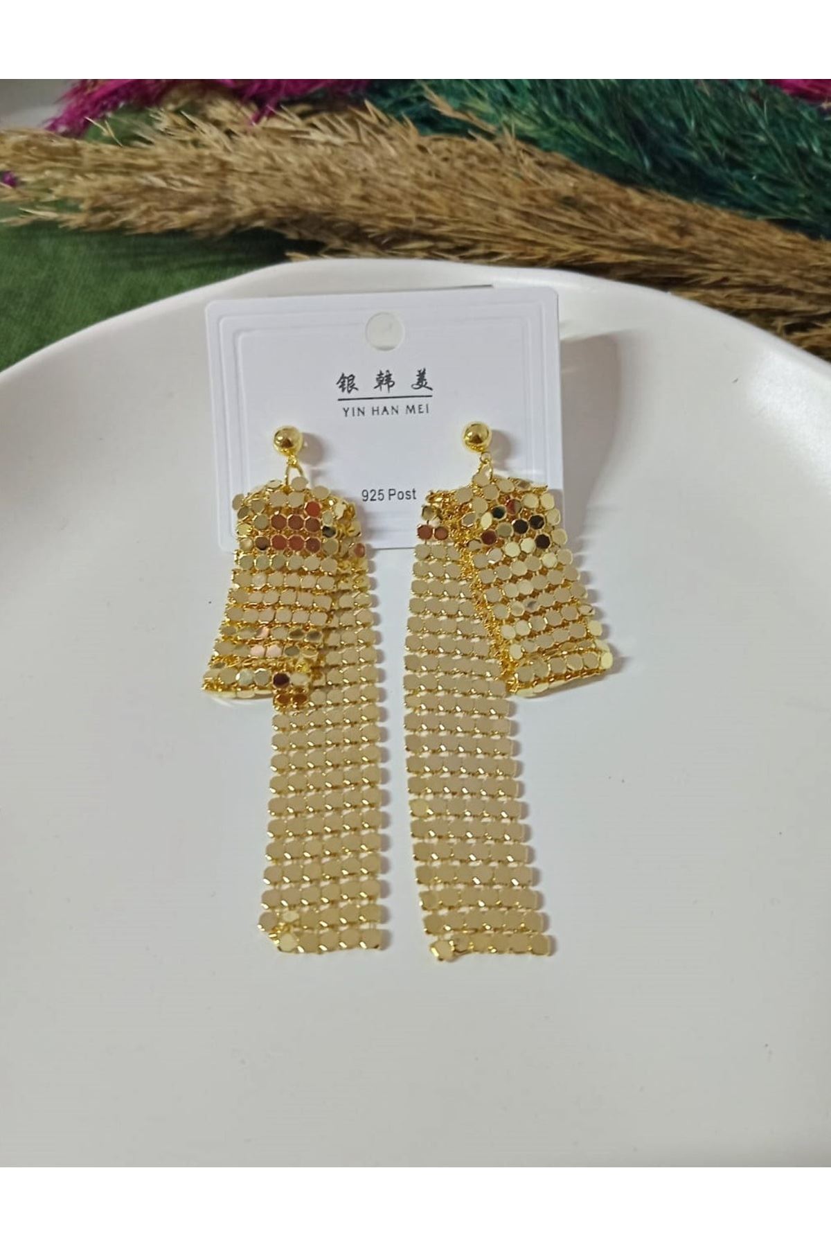 Gold Uzun Sallantılı Işıltılı Şık Abiye Günlük Kadın Küpe