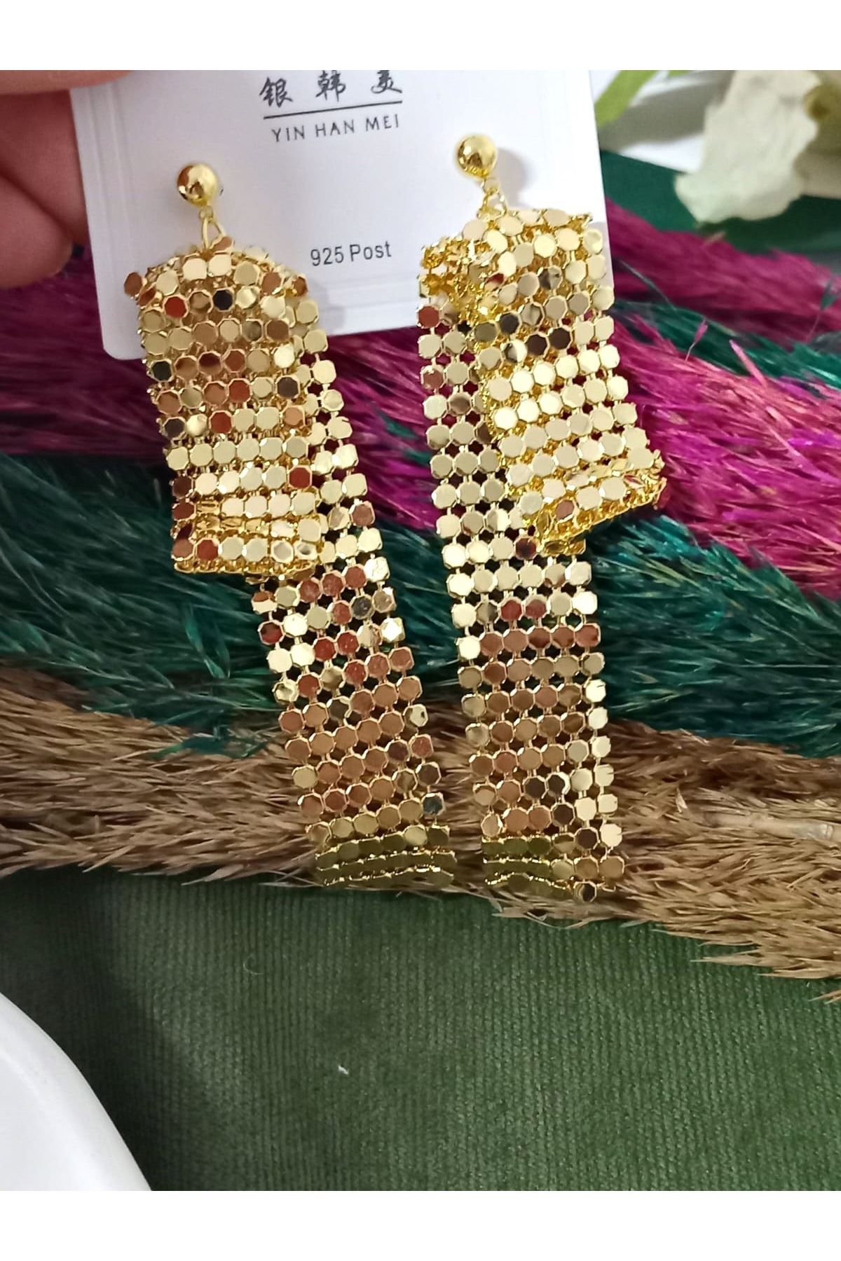 Gold Uzun Sallantılı Işıltılı Şık Abiye Günlük Kadın Küpe