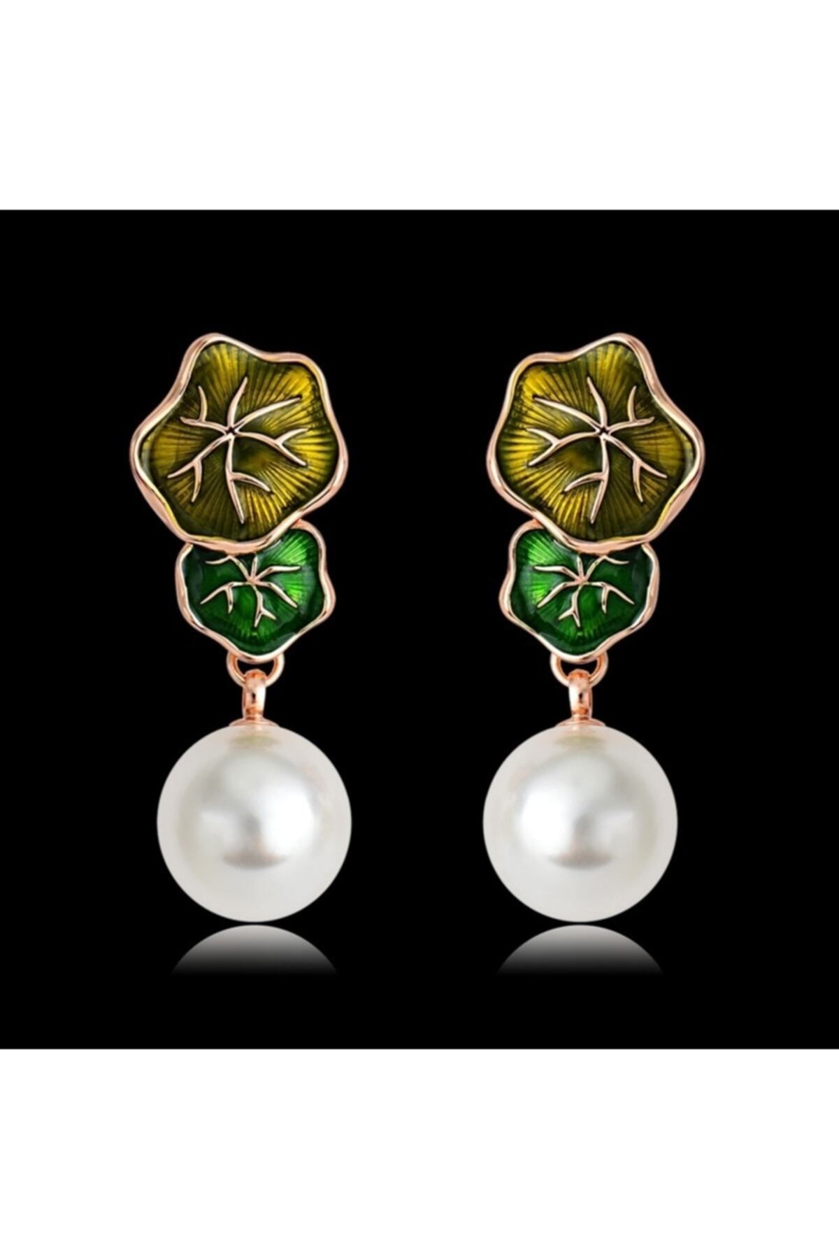 Zirkon Taşlı Rose Gold Kaplama Beyaz Inci Yeşil Sallantılı Küpe