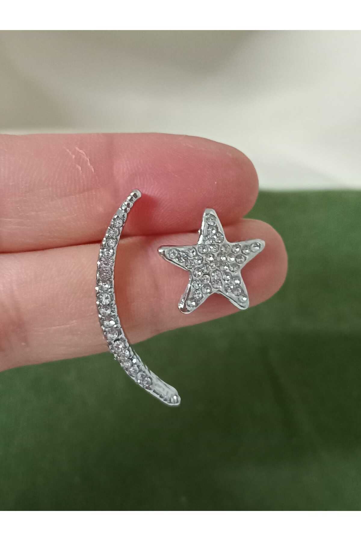 Kristal Taşlı Gümüş Ay Yıldız Kadın Küpe