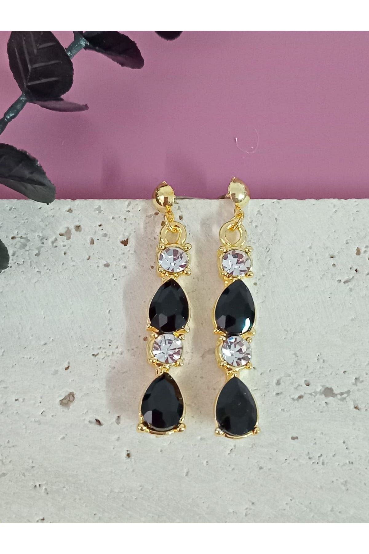 Siyah Gold Kristal Taşlı Abiye Kadın Küpe