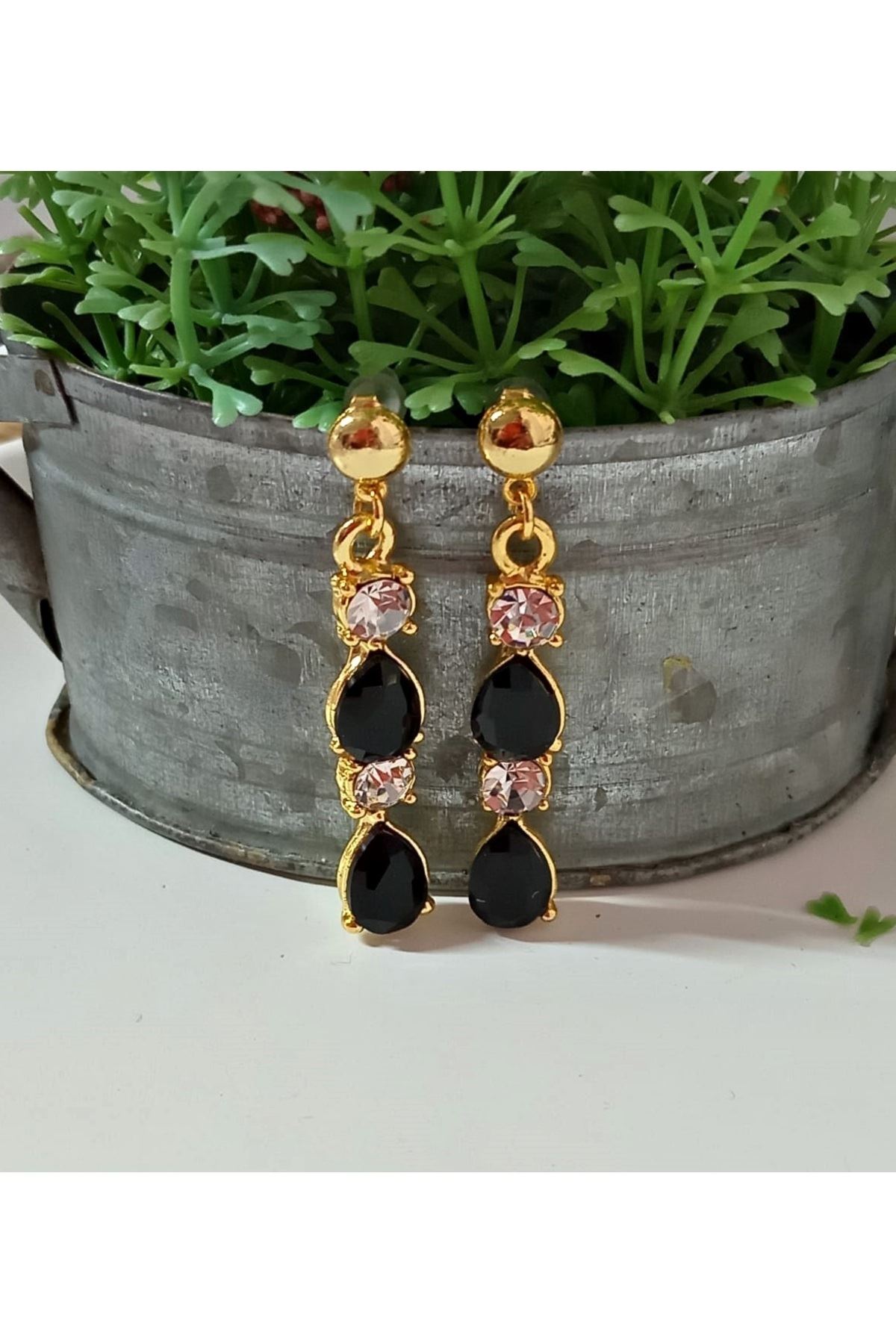Siyah Gold Kristal Taşlı Abiye Kadın Küpe
