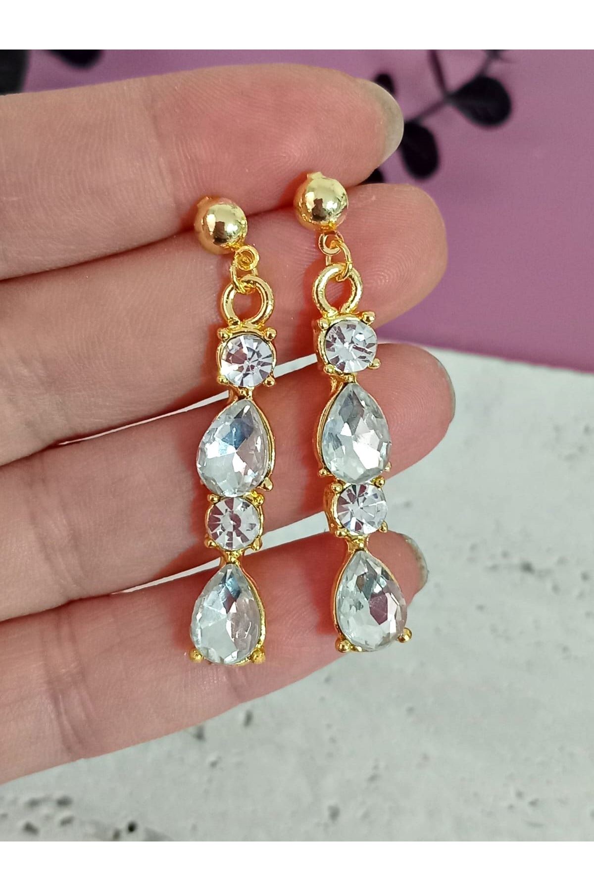 Beyaz Gold Kristal Taşlı Abiye Kadın Küpe