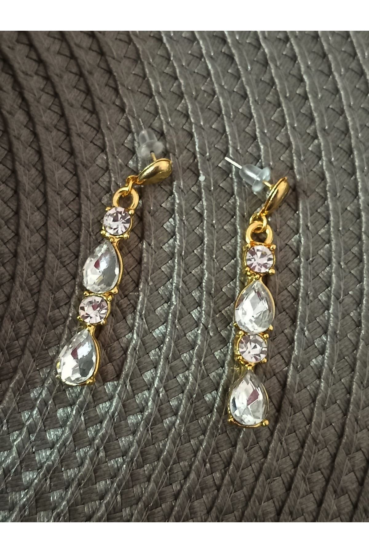 Beyaz Gold Kristal Taşlı Abiye Kadın Küpe