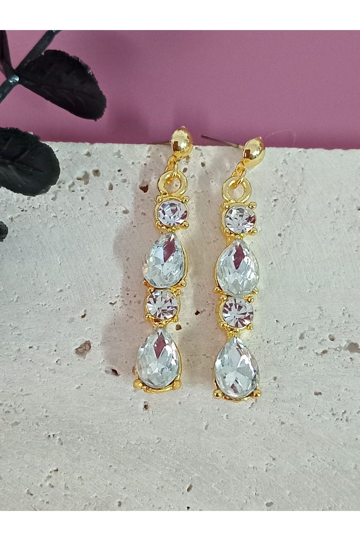 Beyaz Gold Kristal Taşlı Abiye Kadın Küpe