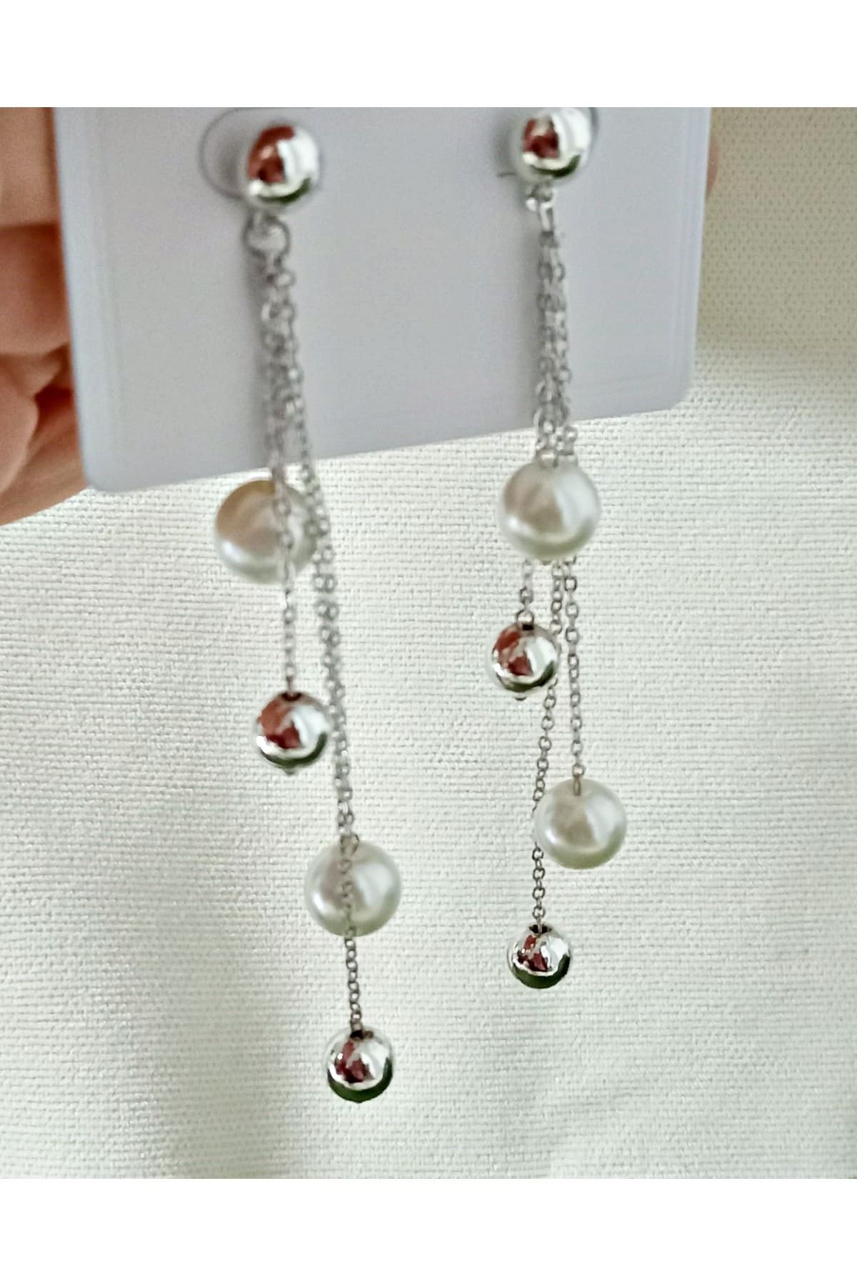Gümüş Top İnci Sallantılı Uzun Şık Küpe
