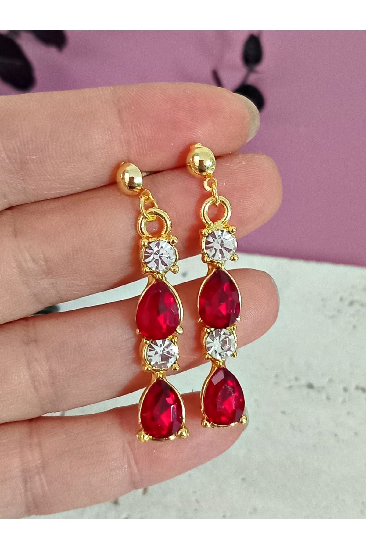 Kırmızı Gold Kristal Taşlı Abiye Kadın Küpe