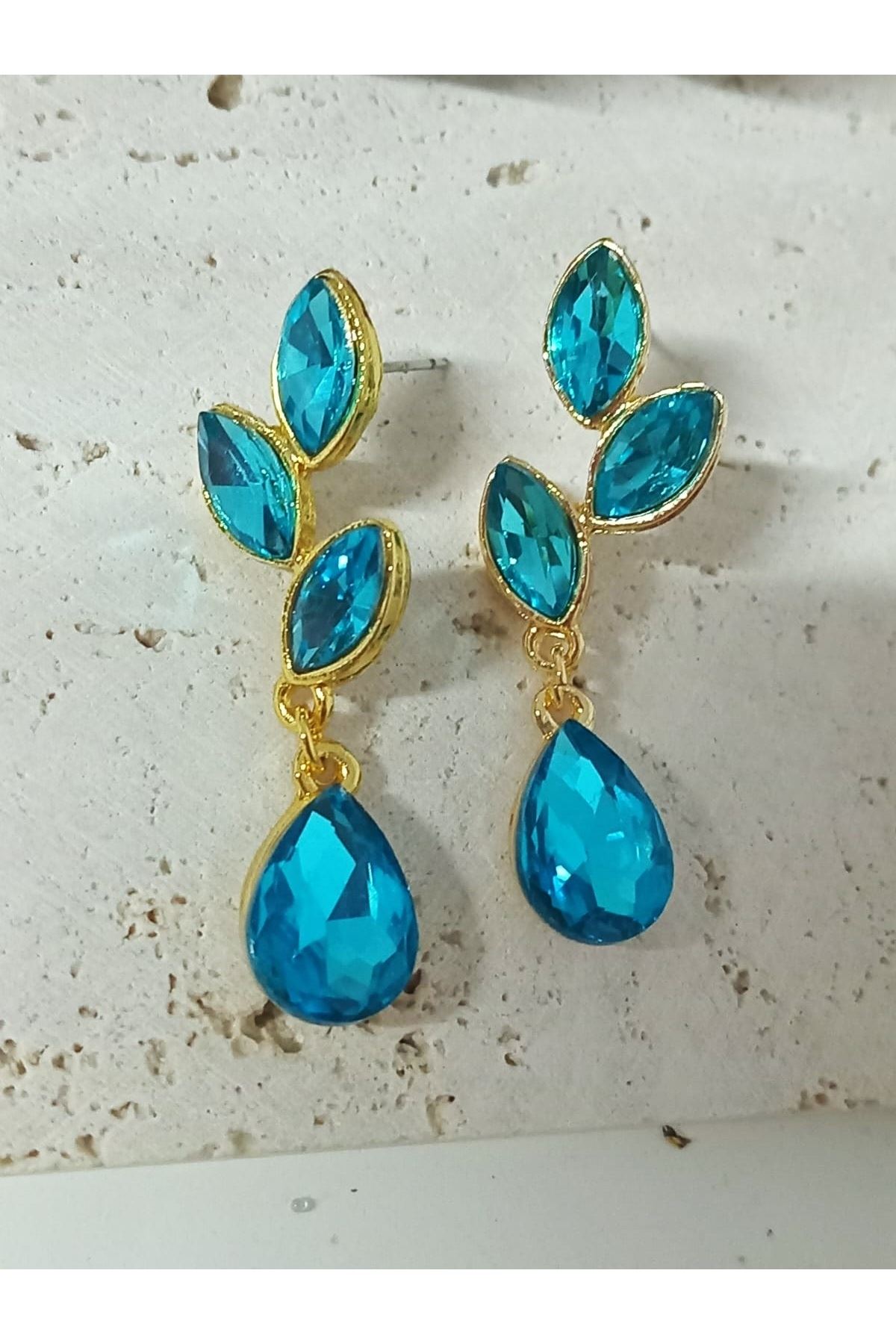 Mavi Gold Kristal Taşlı Yaprak Küpe