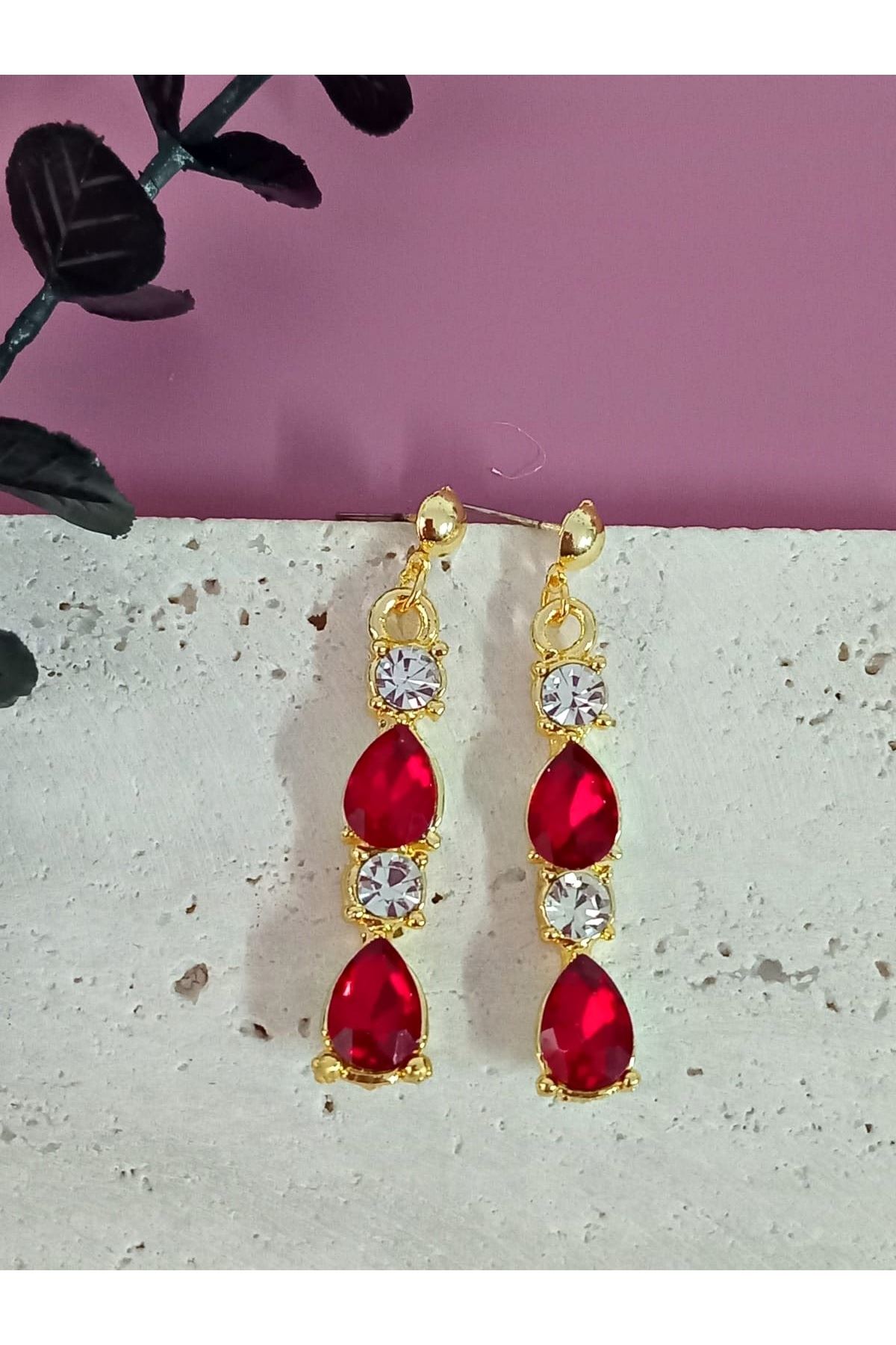 Kırmızı Gold Kristal Taşlı Abiye Kadın Küpe