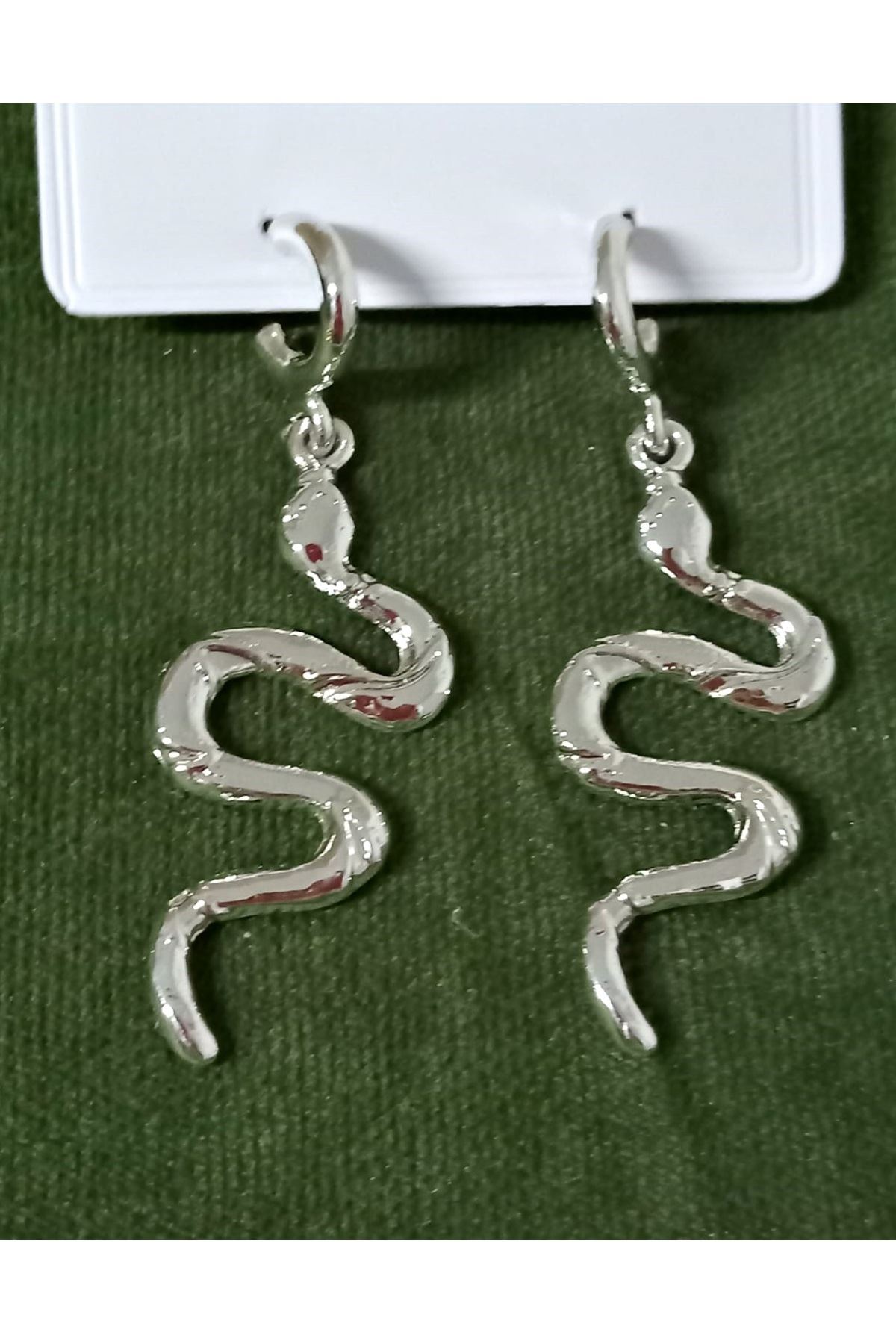 Gümüş Yılan Tasarım Büyük Kadın Küpe (7CM)