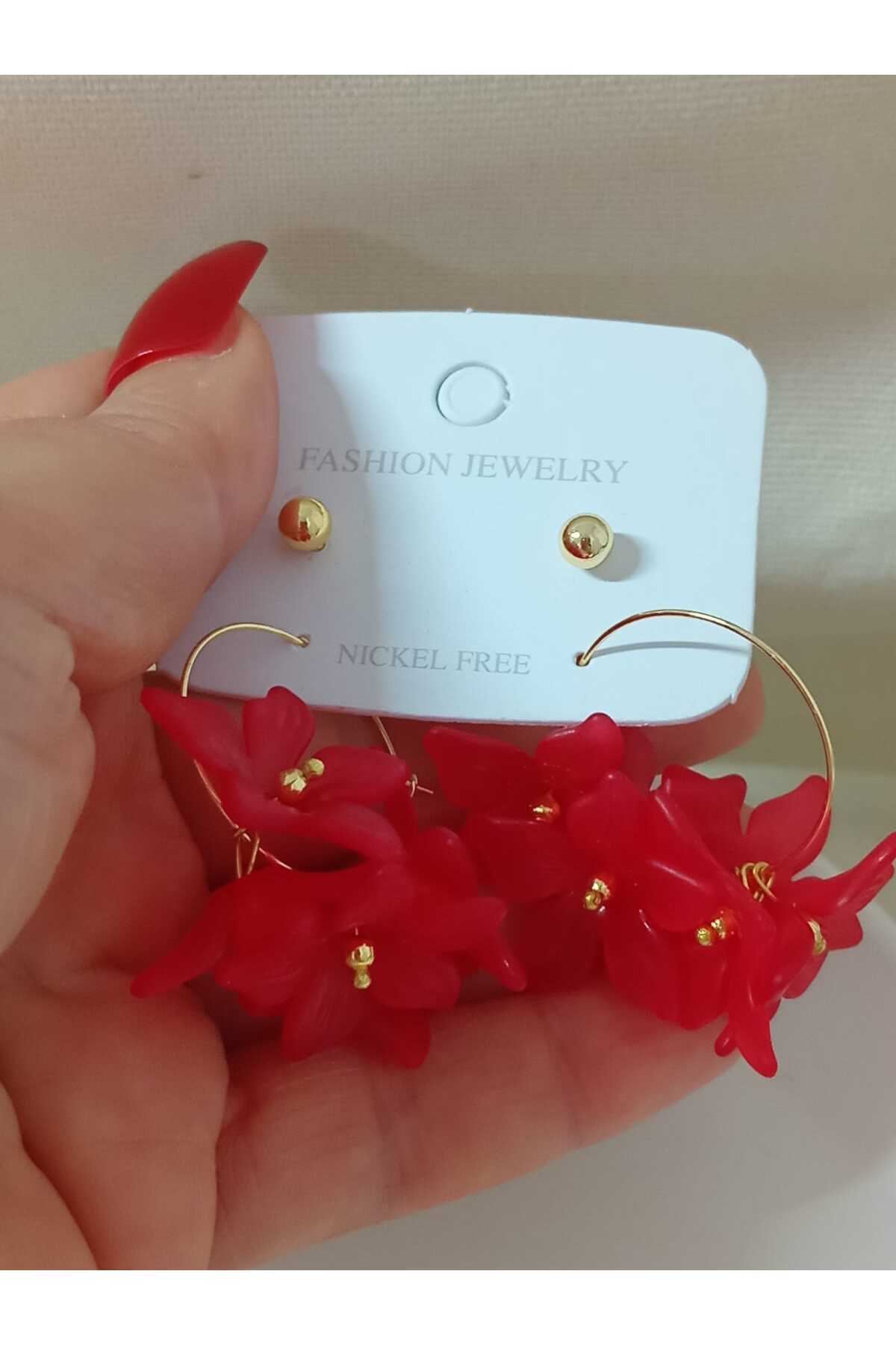 4 Parça Kırmızı Çiçek Gold Halka Kadın Küpe