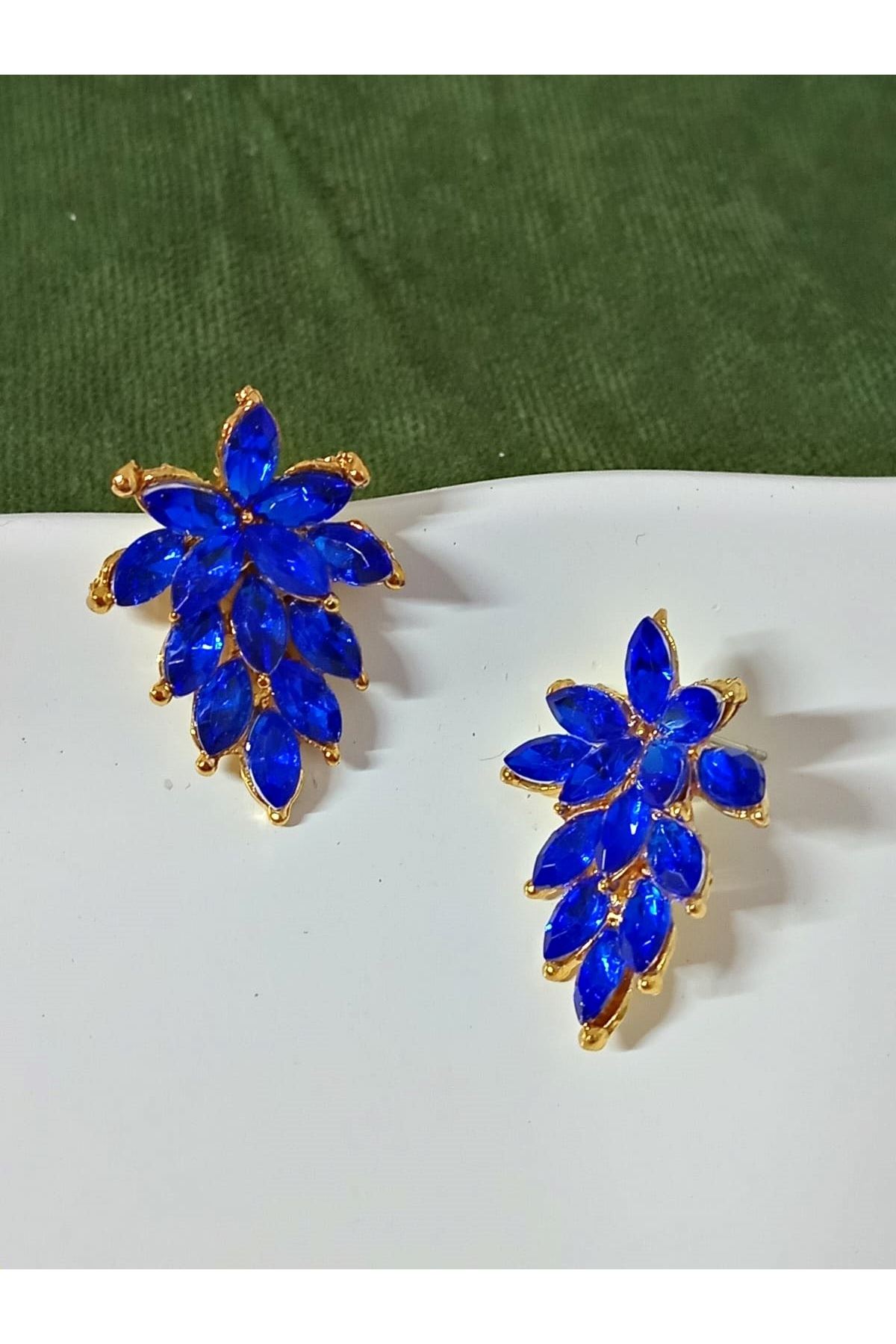 Mavi Kristal Taşlı Gold Abiye Şık Kadın Küpe
