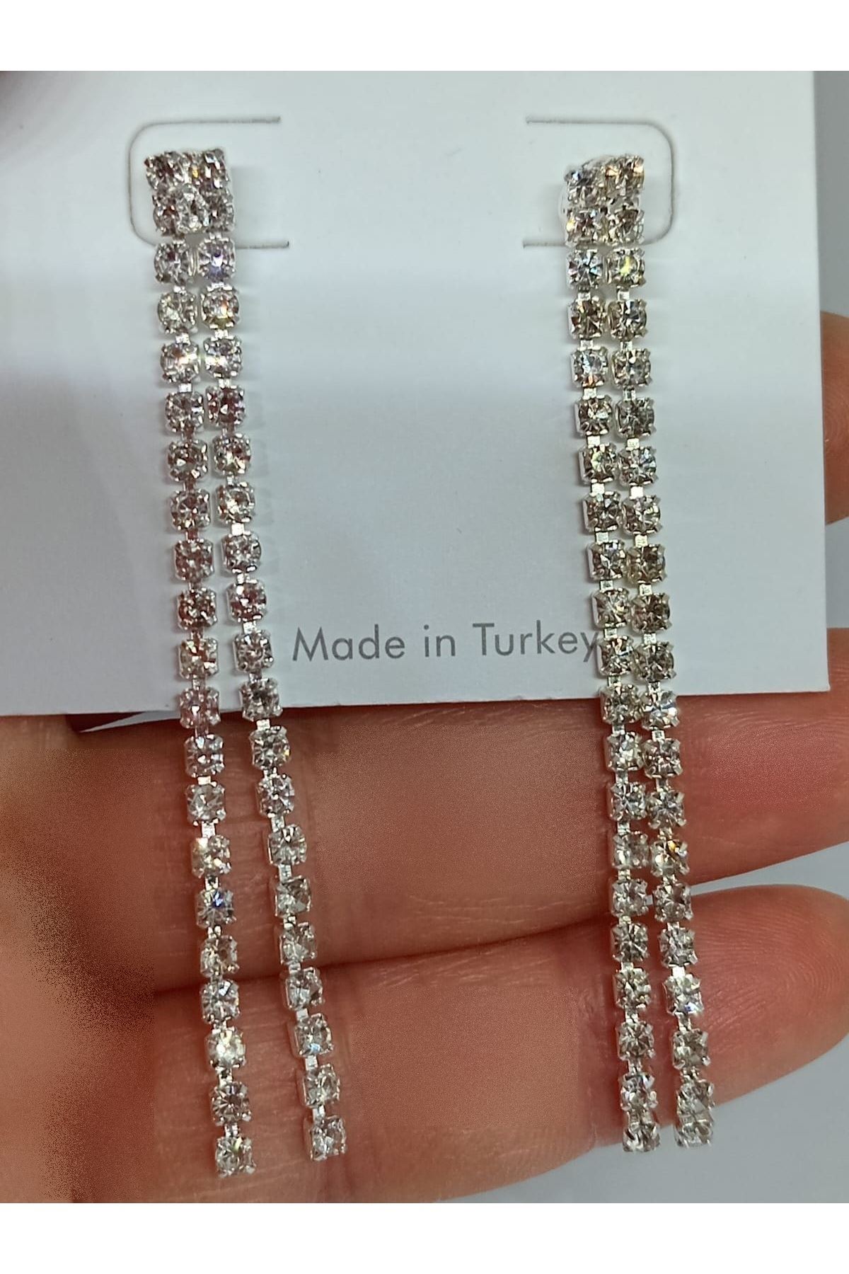 Gümüş (2 SIRA) Su Yolu Işıltılı Sallantılı Kadın Küpe, 2 Şeritli