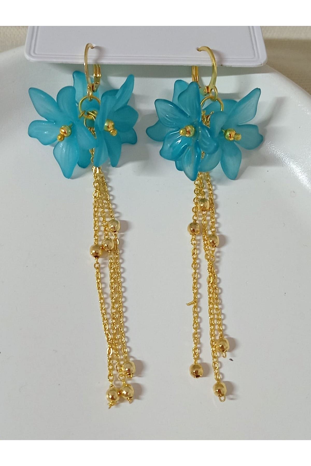 Mavi Çiçek Gold Sallantılı Uzun Kadın Küpe