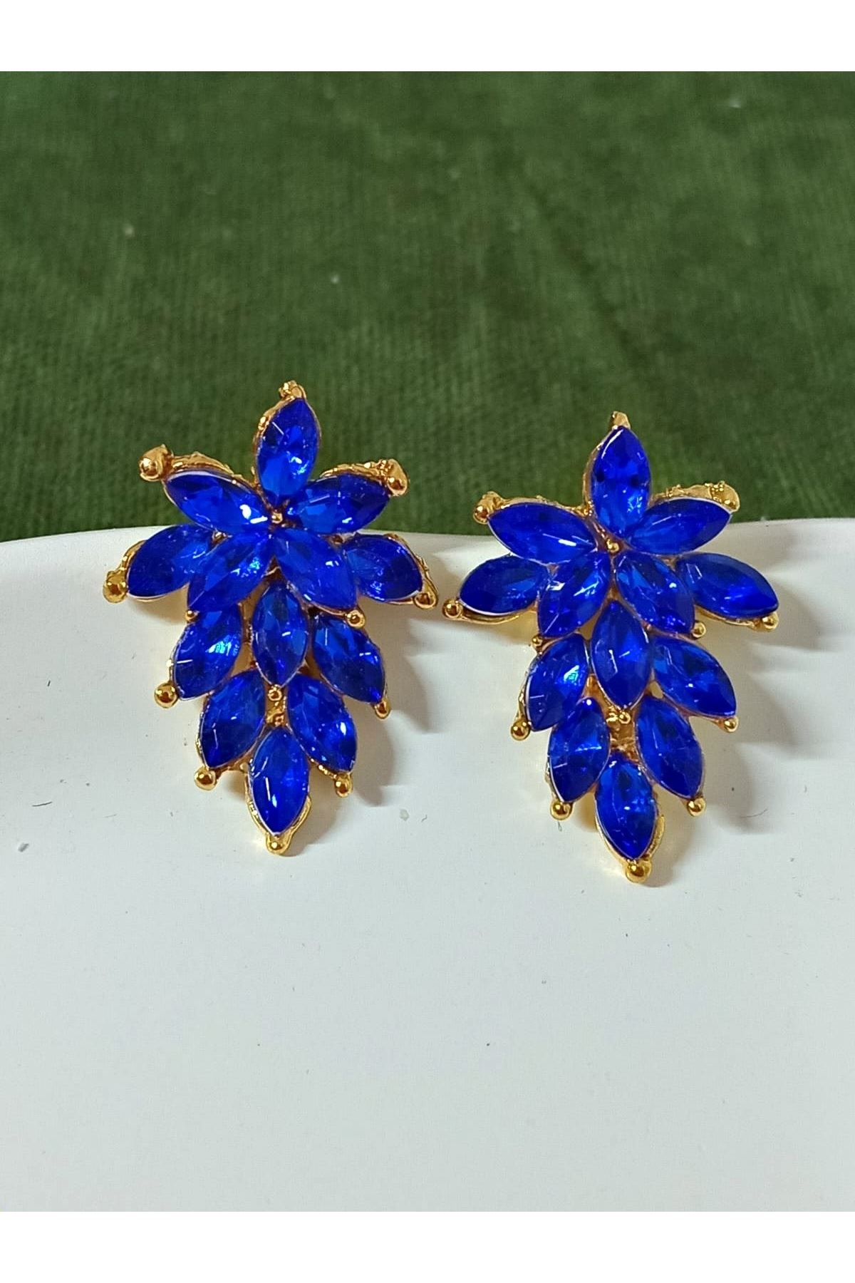 Mavi Kristal Taşlı Gold Abiye Şık Kadın Küpe
