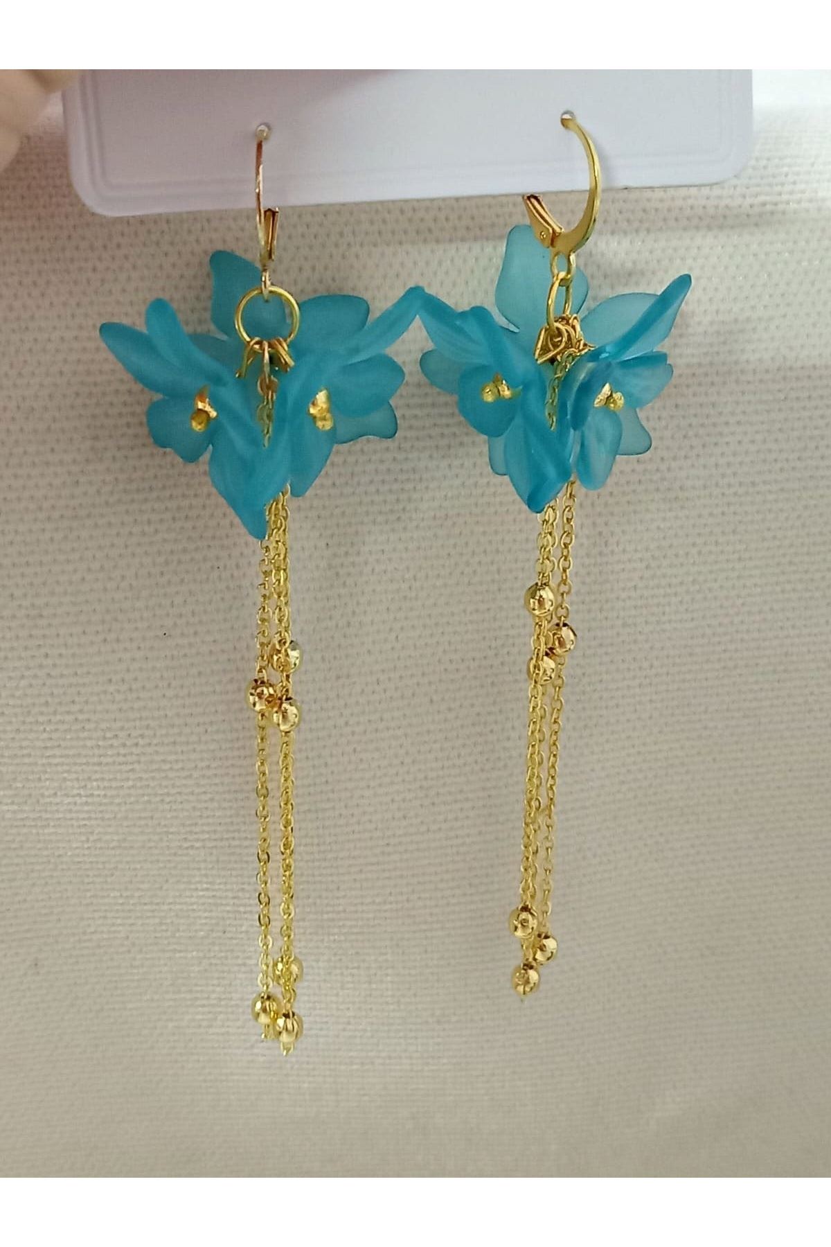 Mavi Çiçek Gold Sallantılı Uzun Kadın Küpe