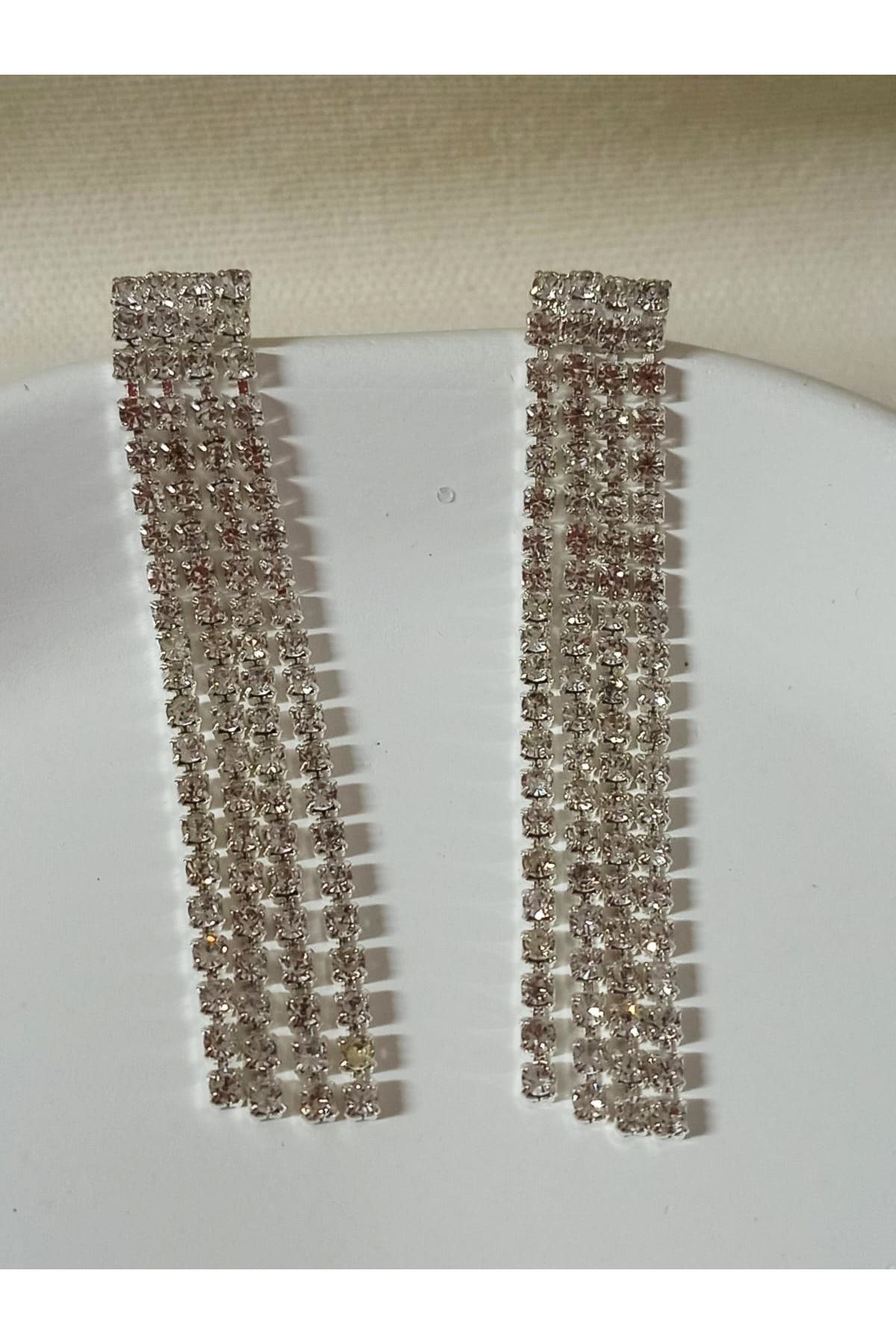 Gümüş Taşlı Su Yolu Sallantılı Kadın Küpe, 4 Şeritli