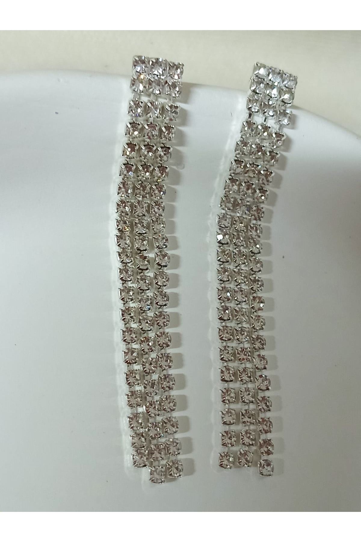 Gümüş Taşlı Su Yolu Sallantılı Kadın Küpe, 3 Şeritli