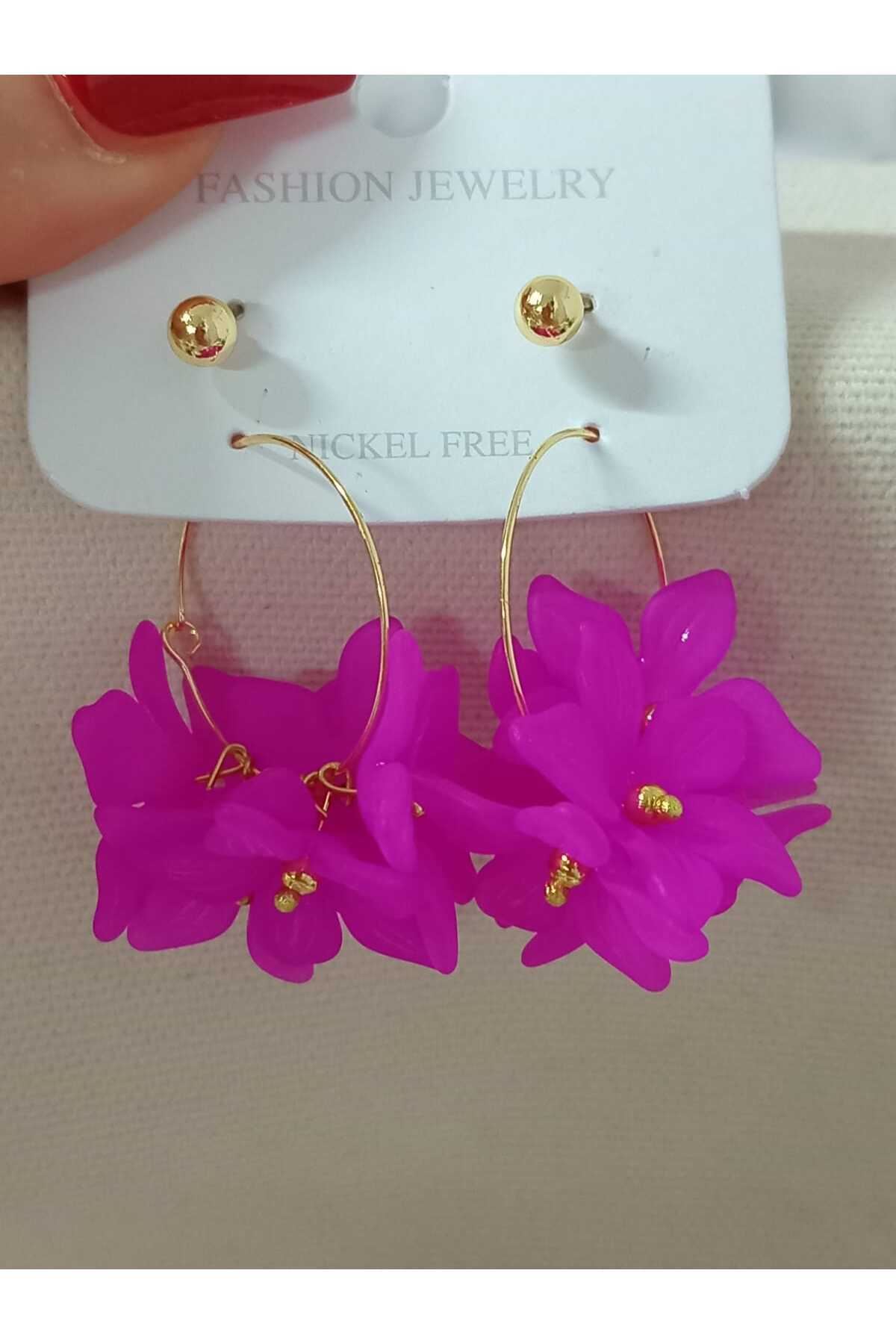 4 Parça Mor Çiçek Gold Halka Kadın Küpe