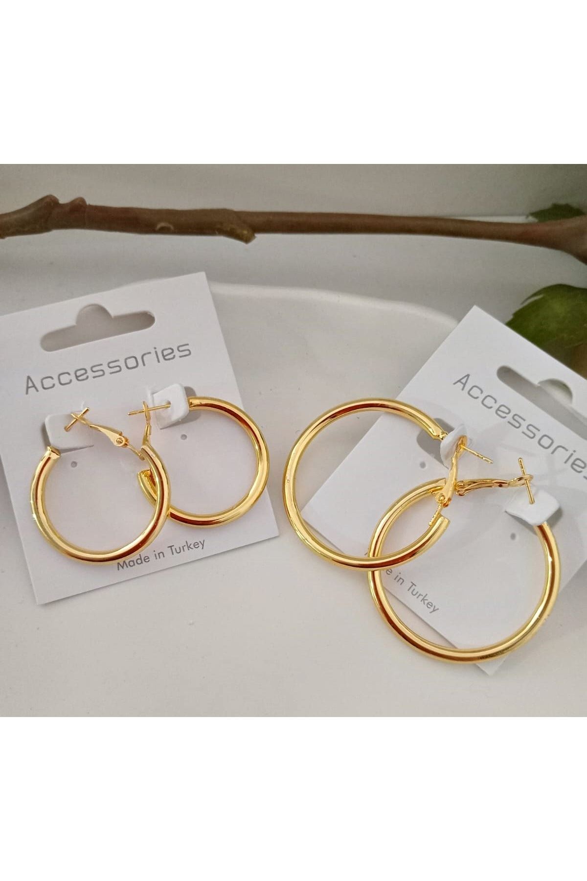 Gold 3cm Ve 4cm 2 Çift Boru Halka Kadın Küpe Seti