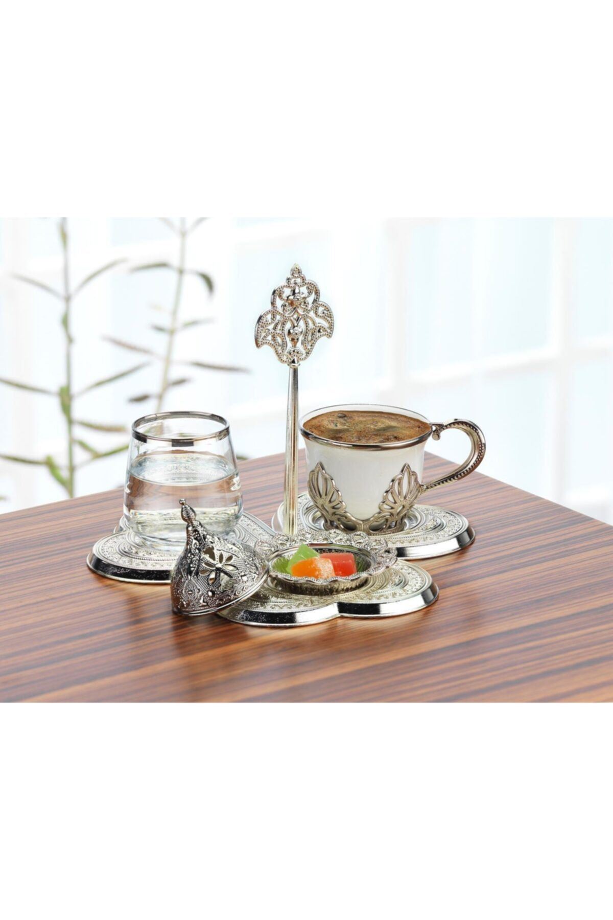 Tek Kişilik Gümüş Metal Porselen Kahve Fincan Takımı