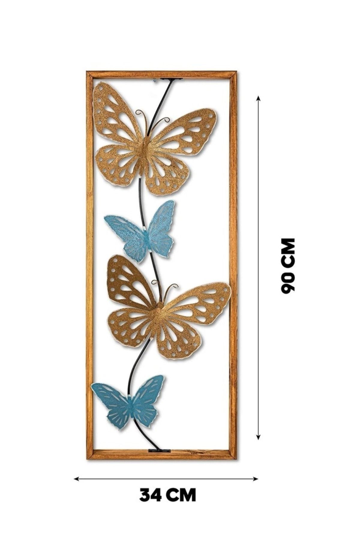 Ahşap Çerçeveli Metal Kelebek Dore Mavi Ev Ofis Duvar Süsü 32x90cm