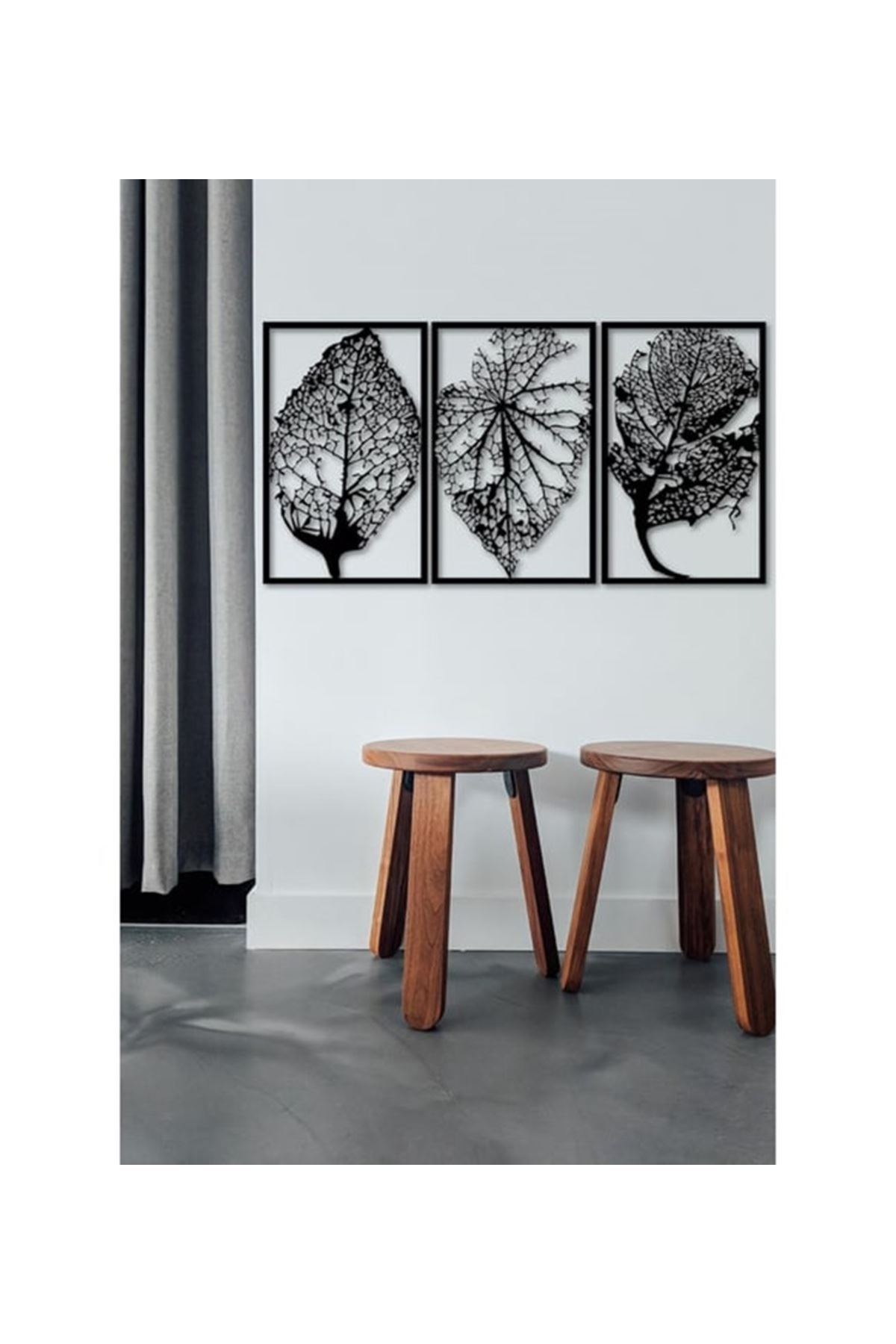 Metal Yaprak Siyah 3 Parça Ofis Ev Duvar Süsü 115x60cm