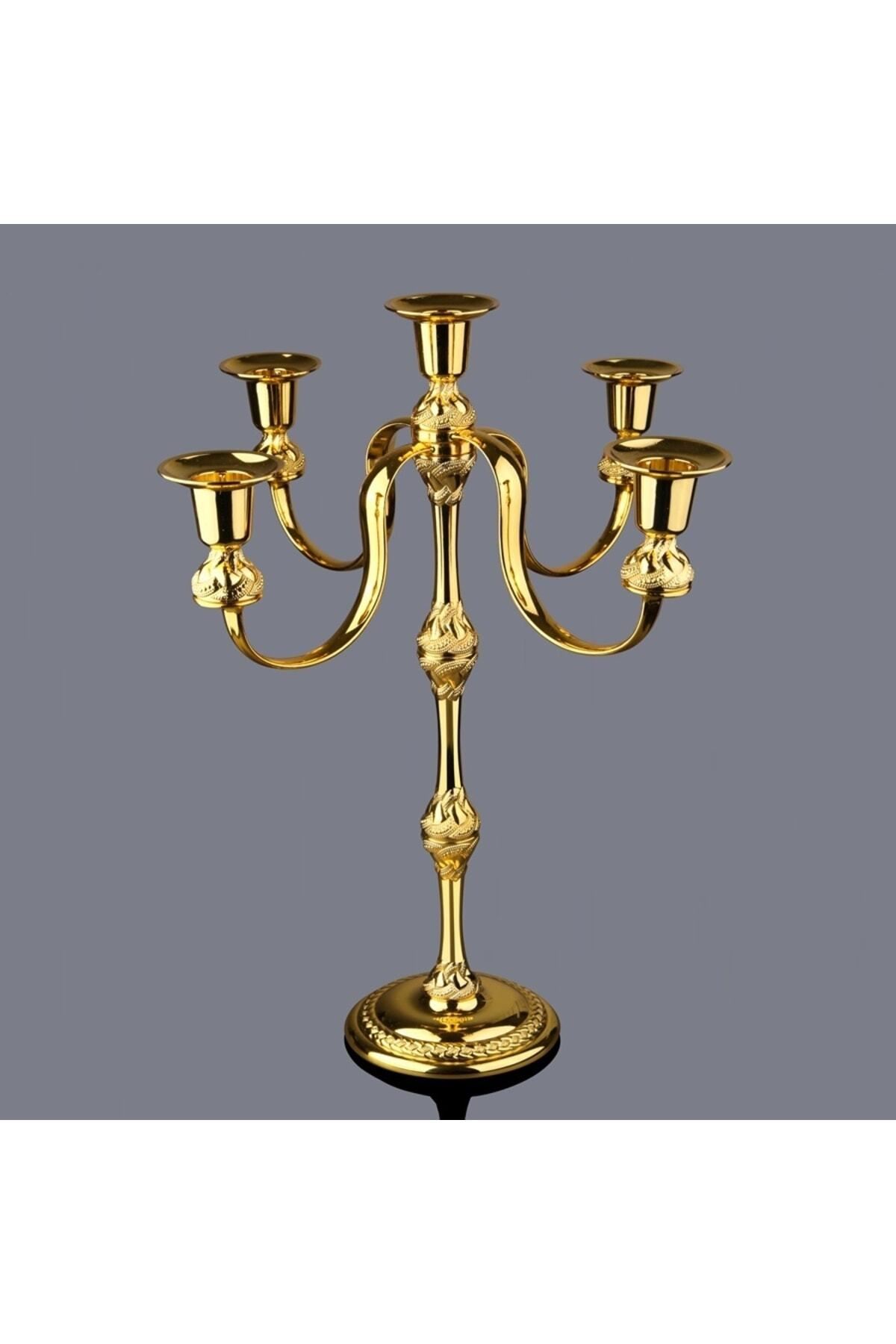 Gold Metal 5 Kollu Şamdan Mumluk Çap: 30cm H.40cm